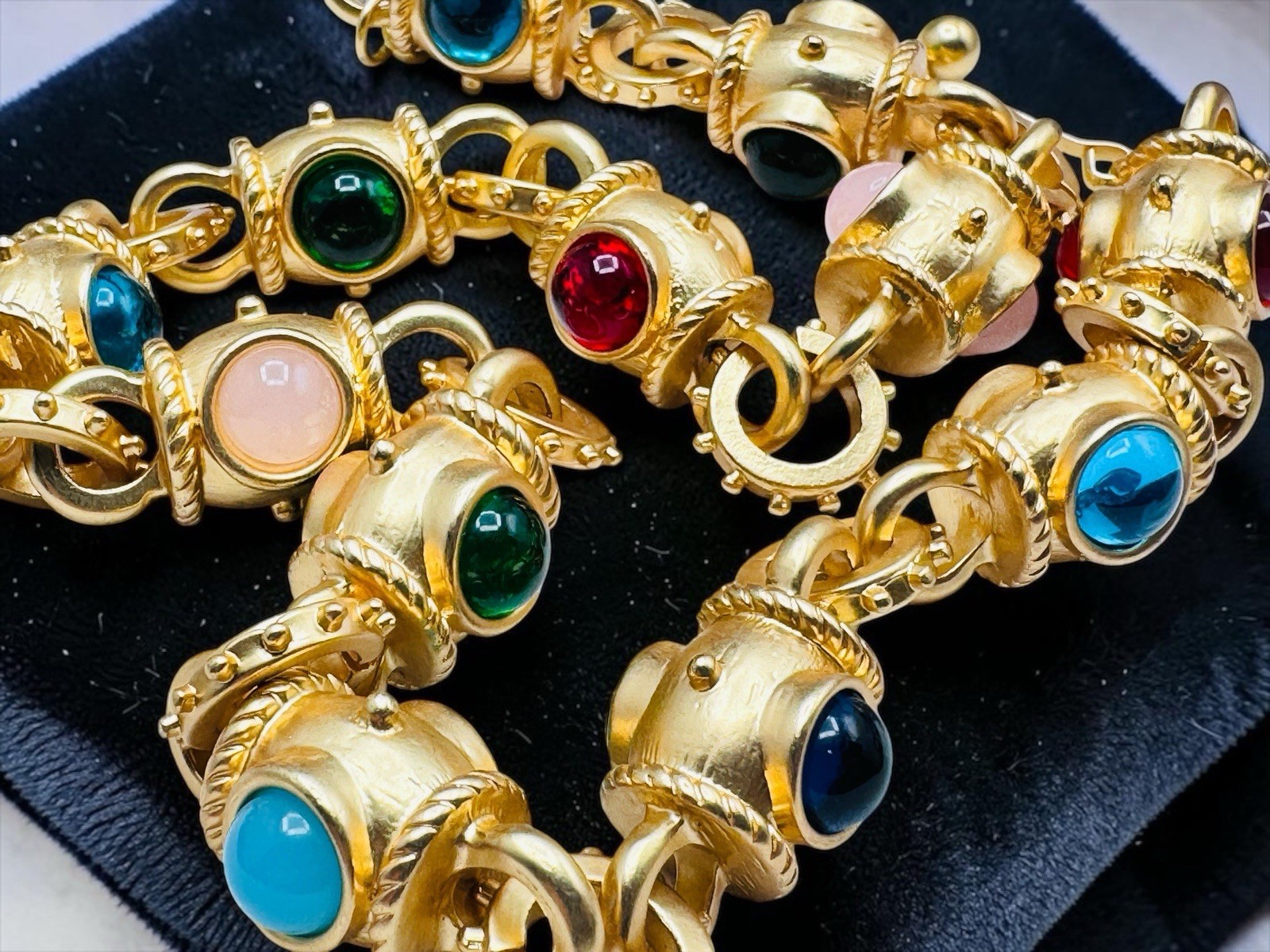 Vintage Glass Cabochon Byzantine Mogul Gold Chunky Chain Necklace c1980s Heavy