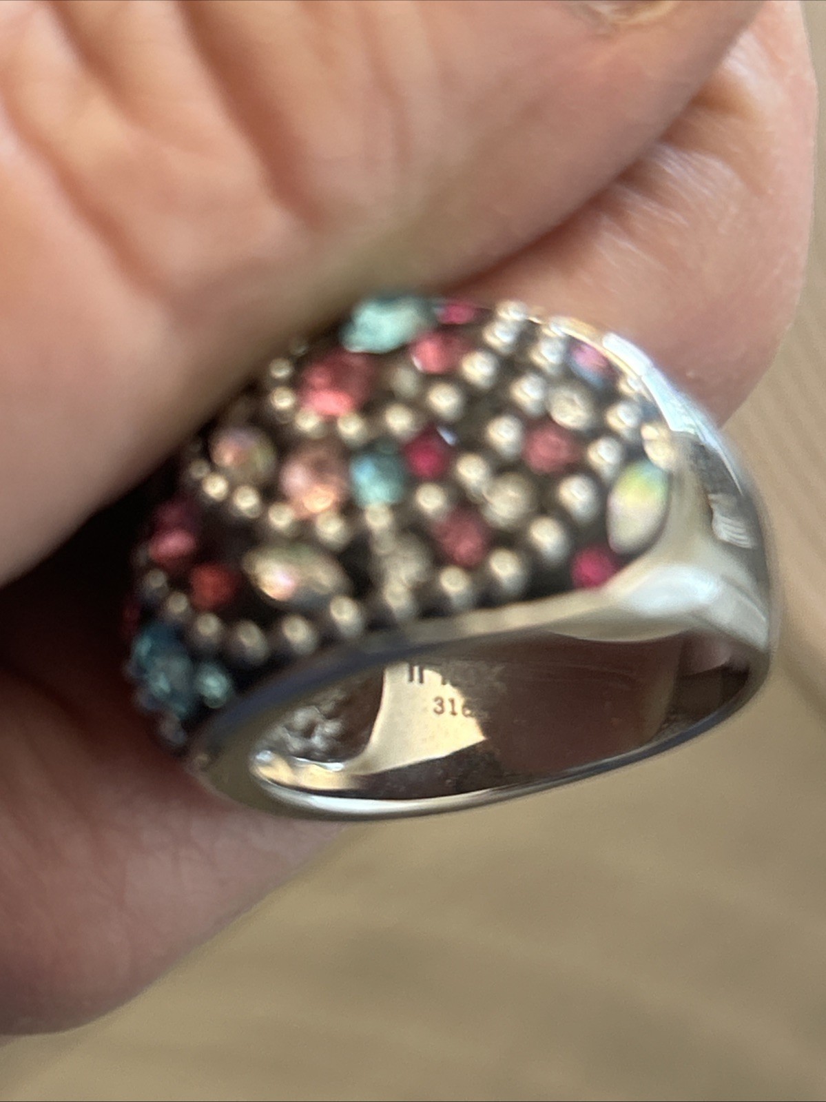 Vintage INox 316L Stainless With Multicolor Faceted “Crystals,Gems, Or ?” Ring