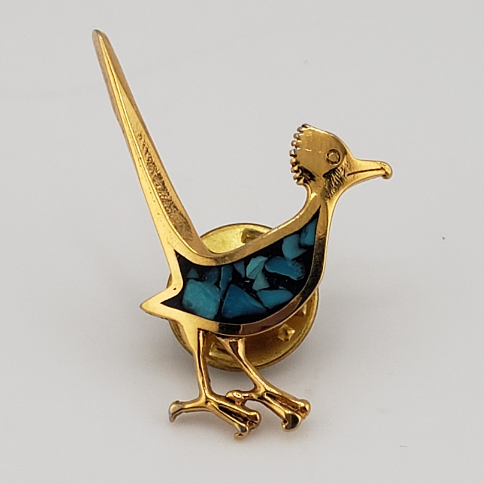 Vintage Roadrunner Pin Gold Tone Turquoise Chip Inlay Tie Lapel Boho Southwest