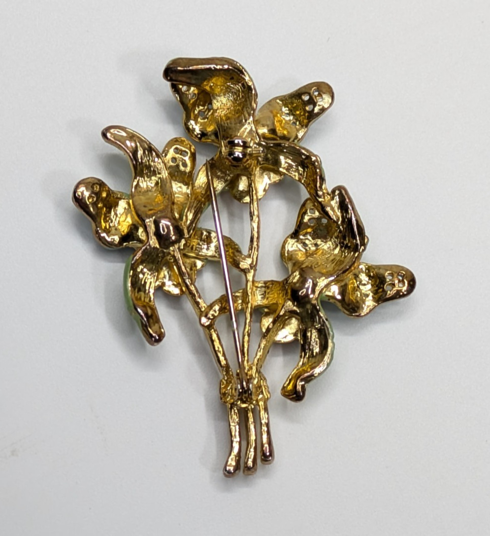 VTG Pink Purple Blue Enamel Orchid Flower Gold Tone Bouquet Brooch Pin 2.25″