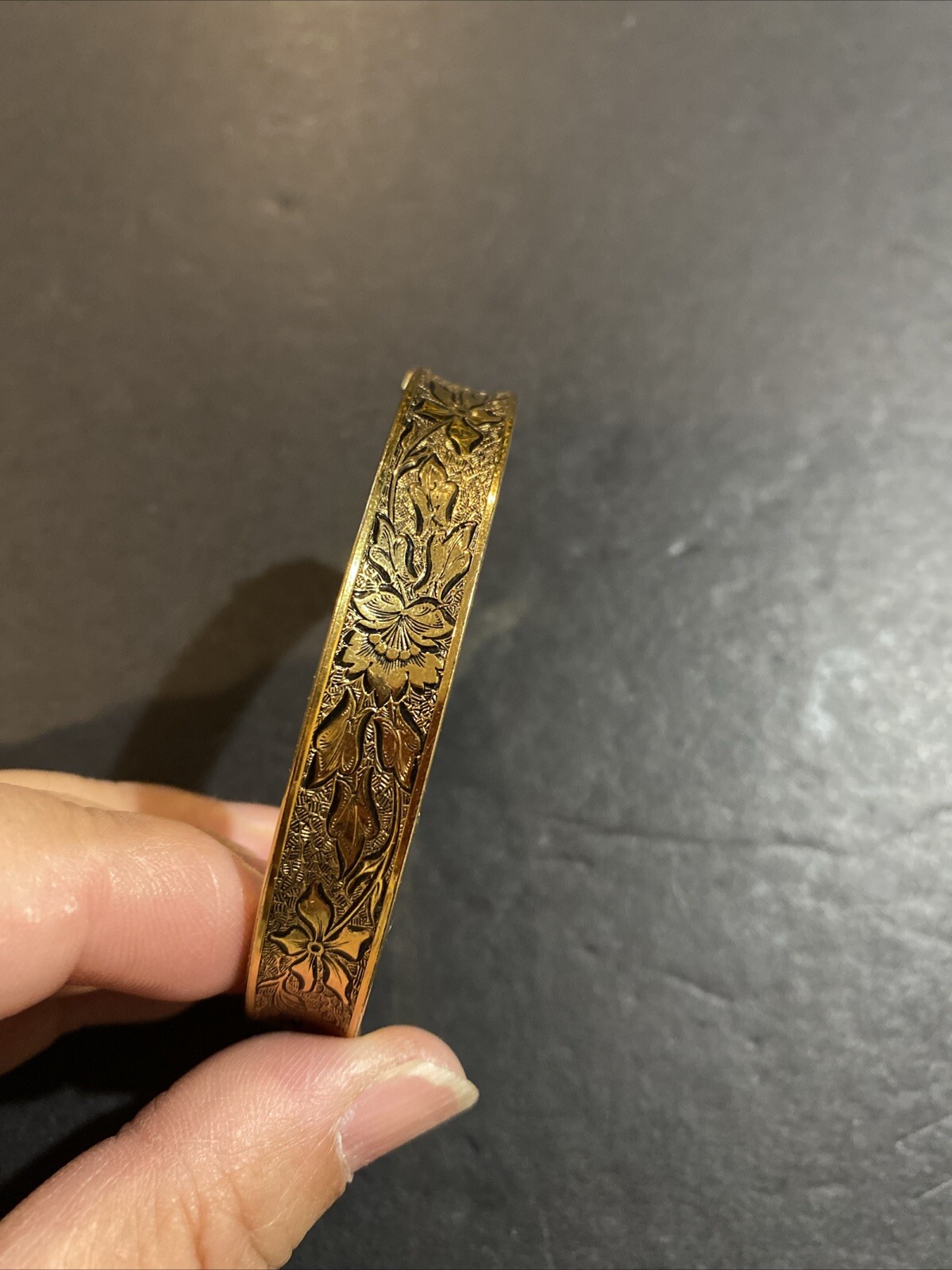 Vintage Signed RINE Yellow Gold Filled Etched Bangle Bracelet
