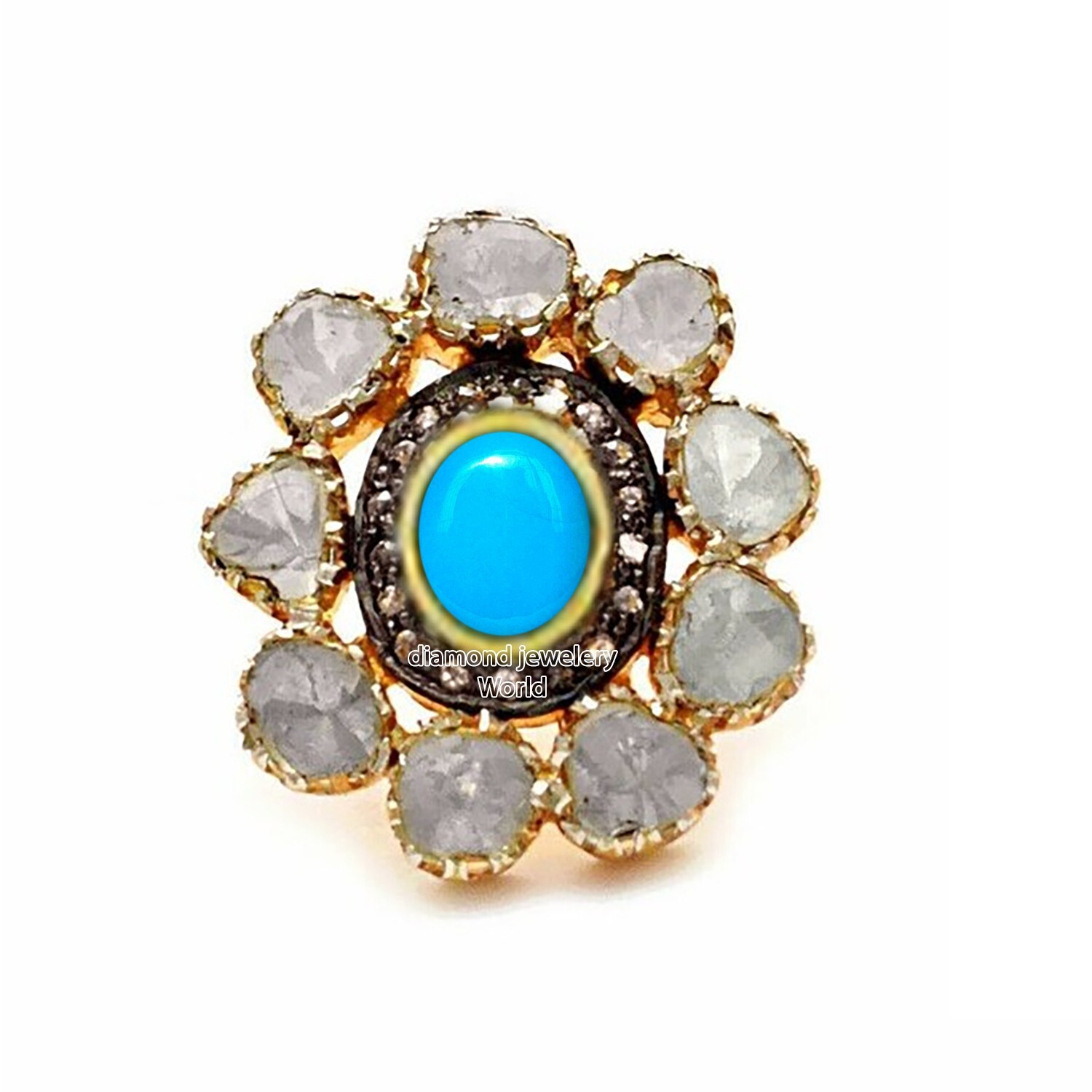 1.60ctw Rose Antique Cut Diamond Turquoise Silver Vintage Stunning Ring Jewelry