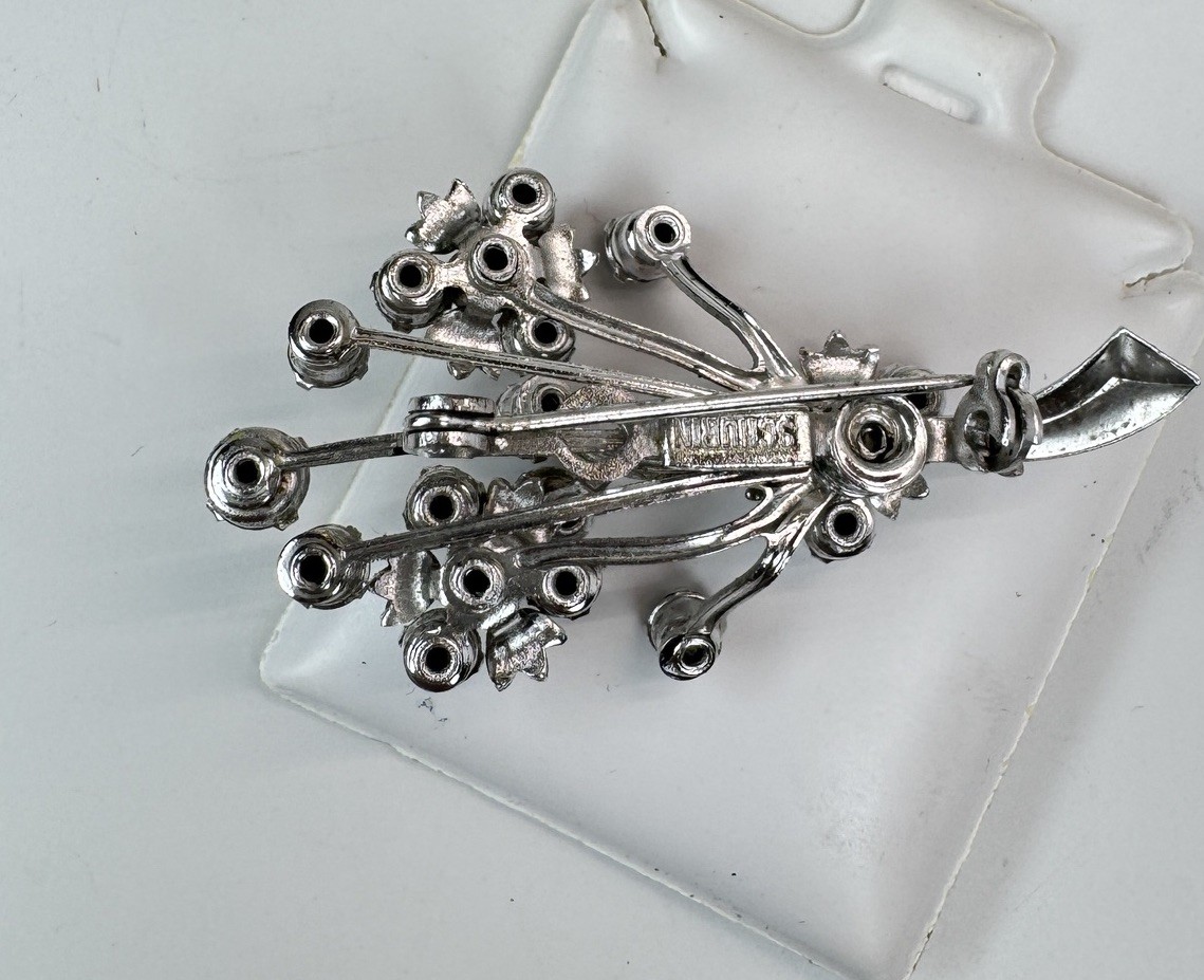 VTG Schurin Rhinestone Bouquet Brooch Pin Silver Tone Floral Spray Signed