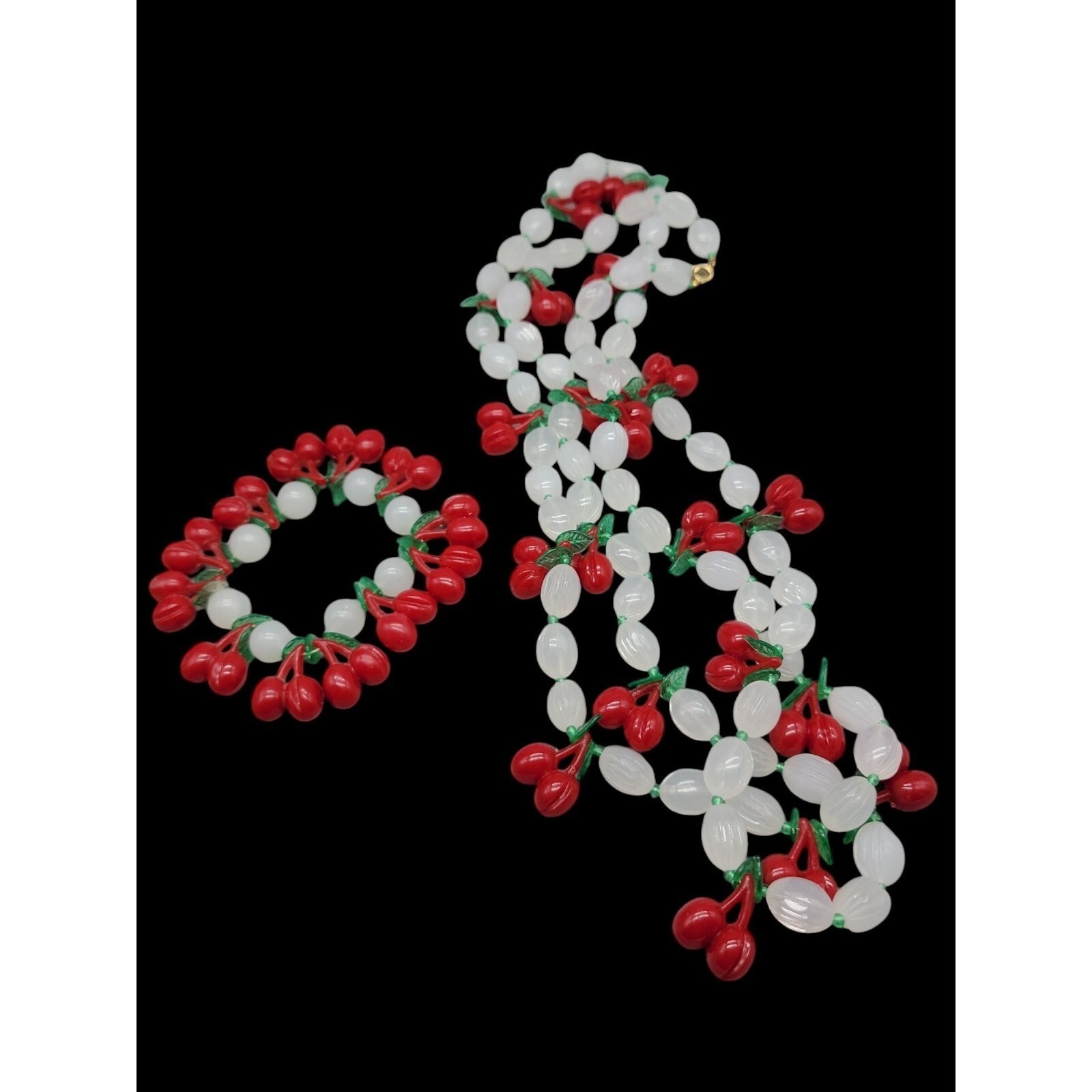 Lucite Cherry 34″ Necklace & 7″ Stretch Bracelet Red Cherries Translucent Beads
