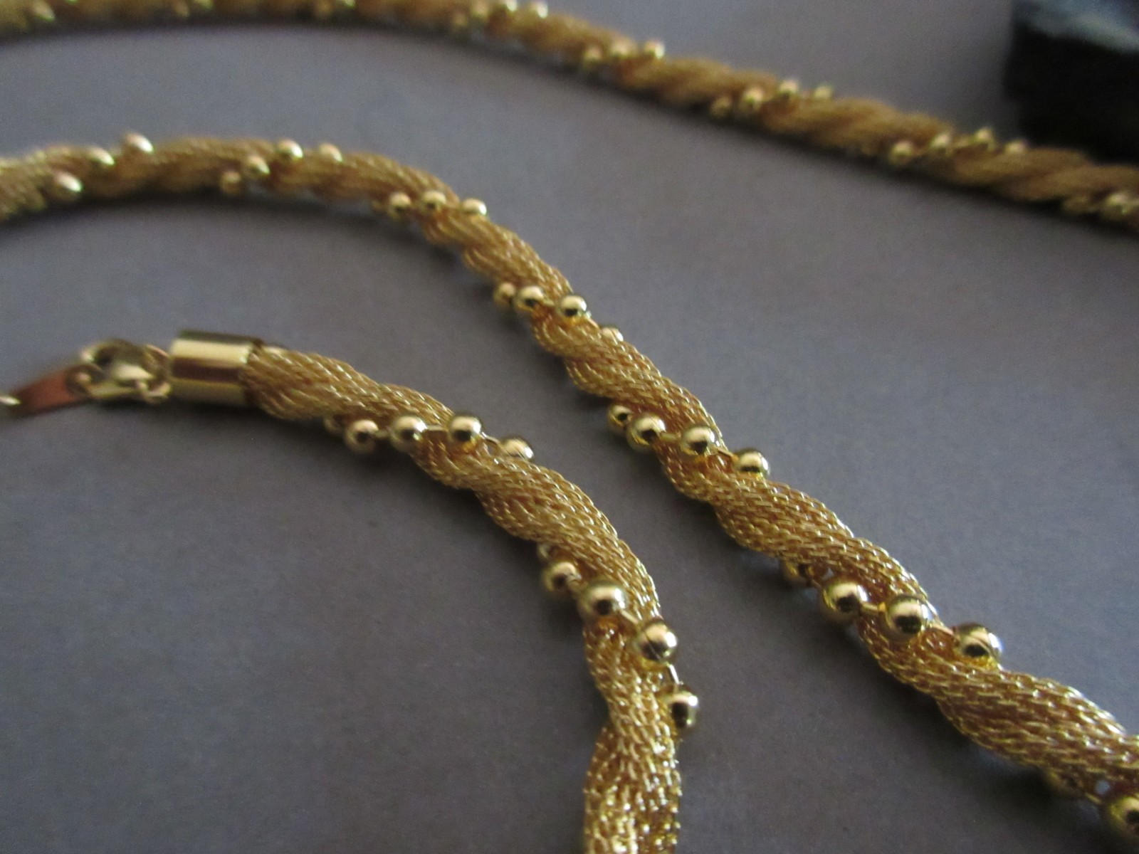Vintage Gold Tone Twisted Mesh Rope Beaded Necklace & Bracelet Set