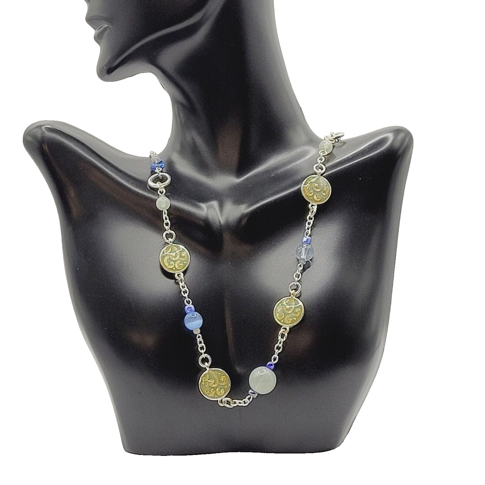 Blue & White Moonstone with Glass & Enamel Silver Tone Chain Necklace KR 24 Inch