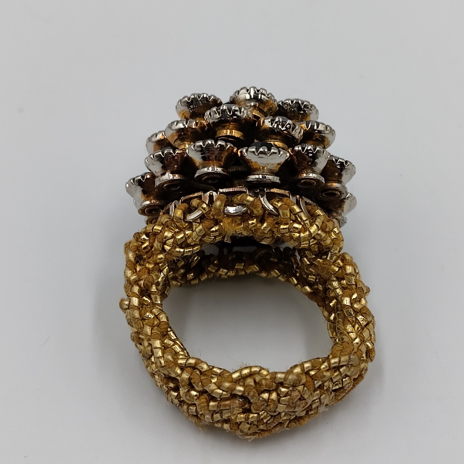 Vintage Dome Ring Green Rhinestone with Woven Stretch Golden Band