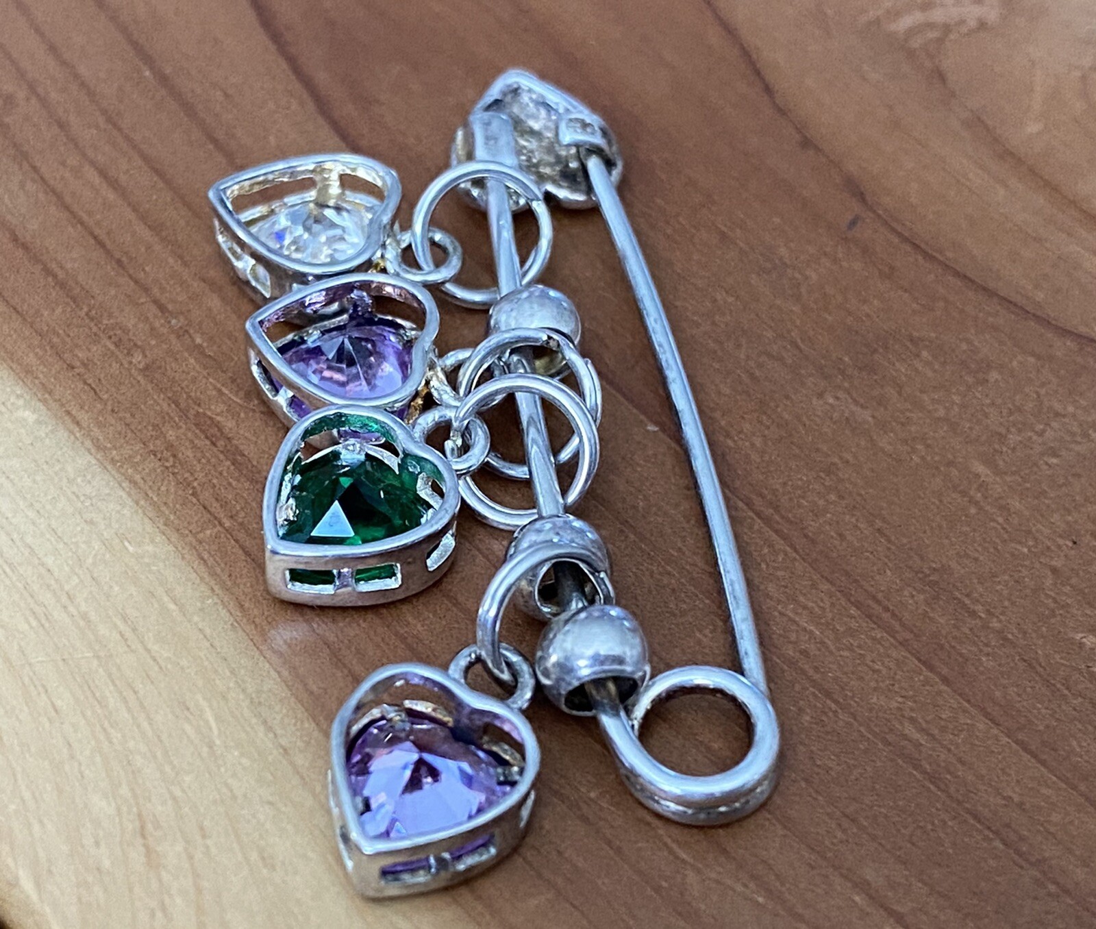 Vintage 925 Sterling Silver Purple, Green & White CZ Heart Shaped Pin / Brooch