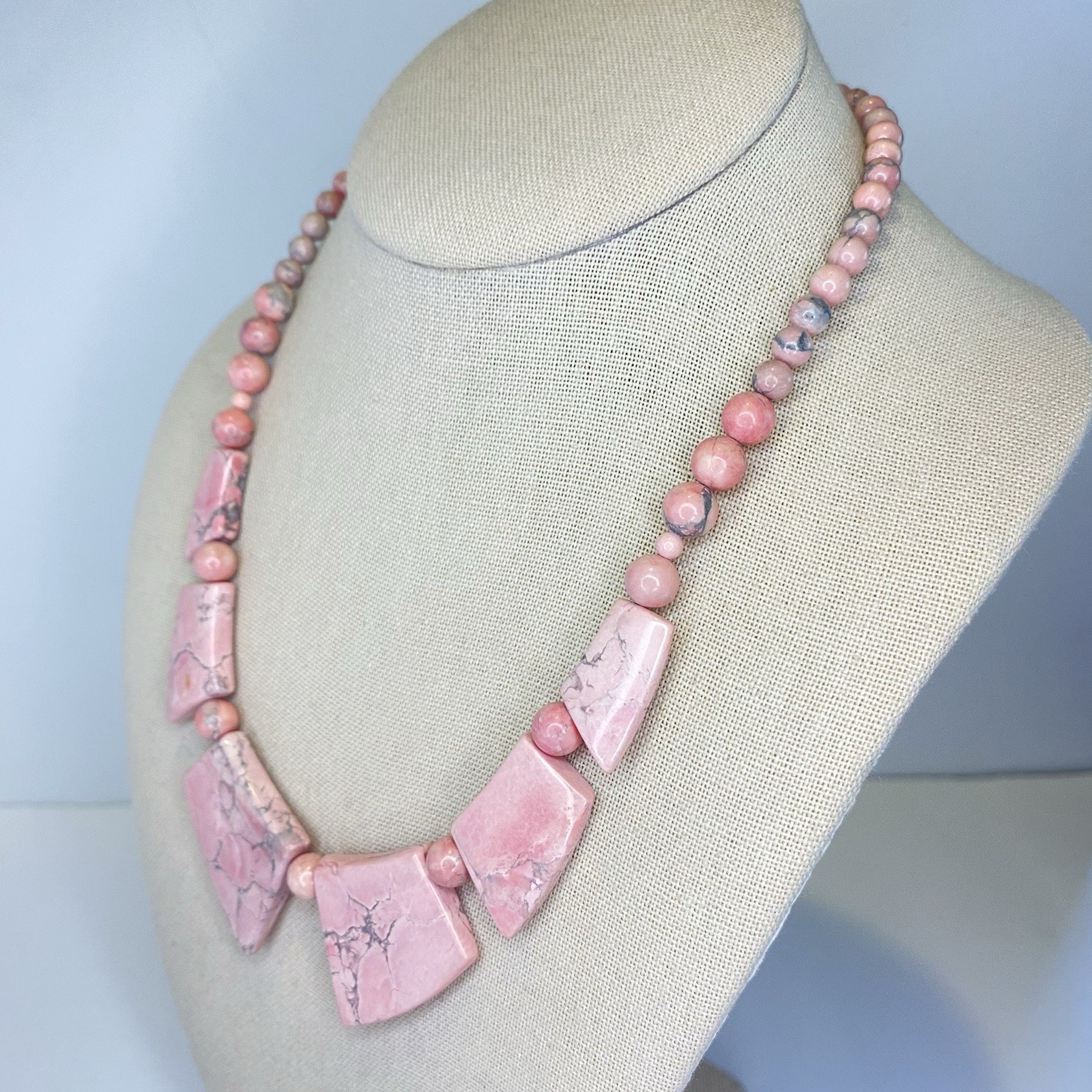 Vintage Pink Stone Necklace Natural Beaded Handmade Statement Artisan Rhodonite?