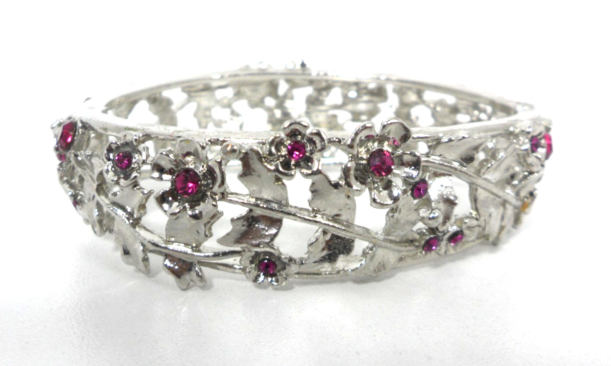 Hinged Bangle Bracelet Rhinestone Vining Flower Stems Open Work Cottage Core Vtg