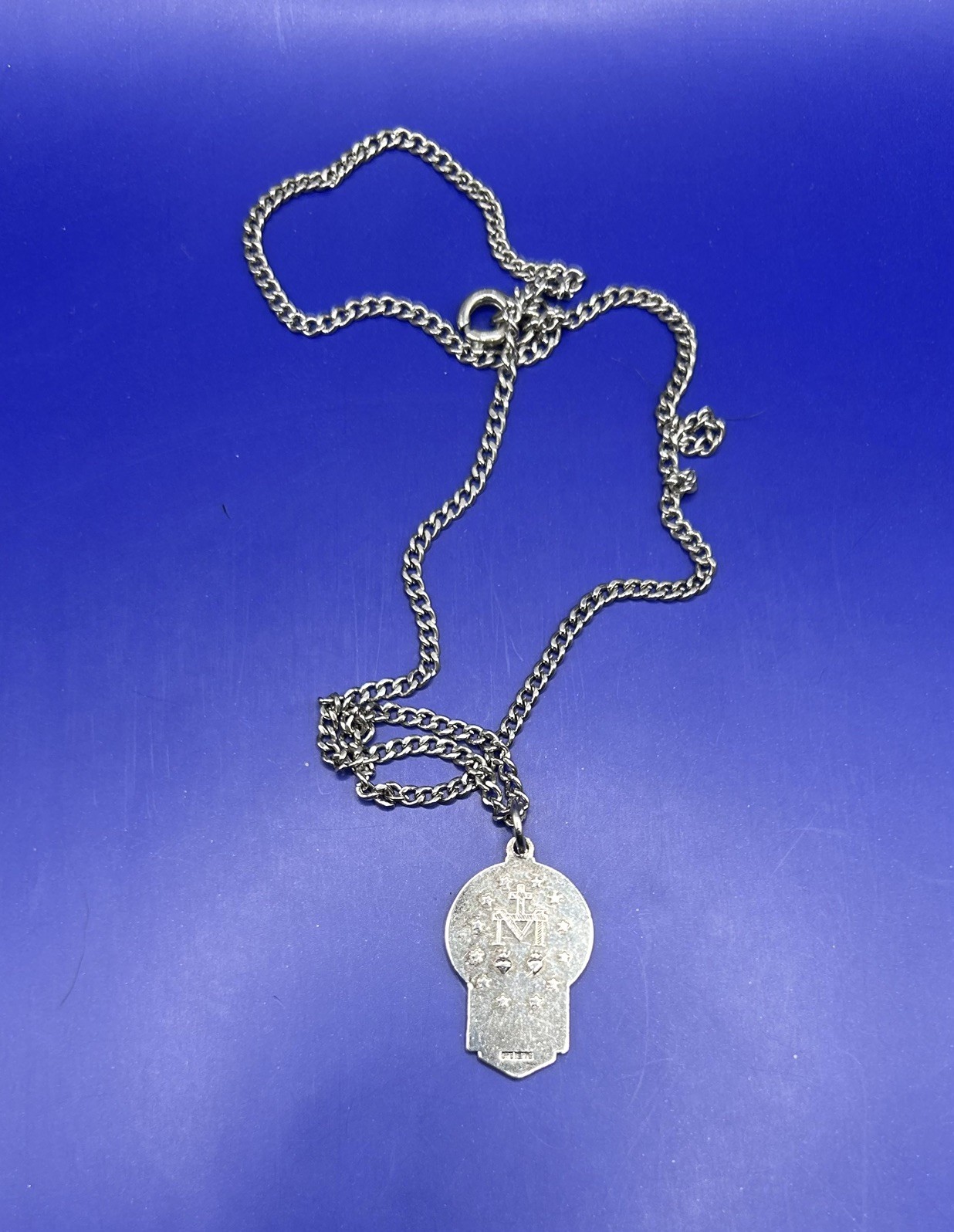 Antique Virgin Mary Pendant And Neck Chain. Sterling Silver with enameling.