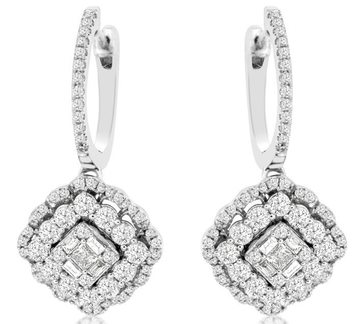 1.53CT DIAMOND 14KT WHITE GOLD ROUND PRINCESS & BAGUETTE FLOWER HANGING EARRINGS