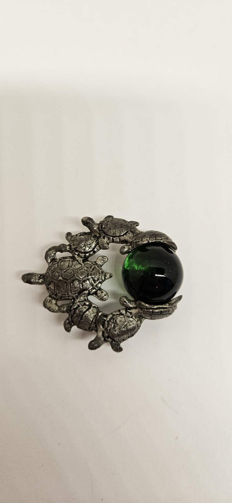 CCI Comstock Turtle Pendant Green Glass Or Crystal Stone Pewter Silver Signed