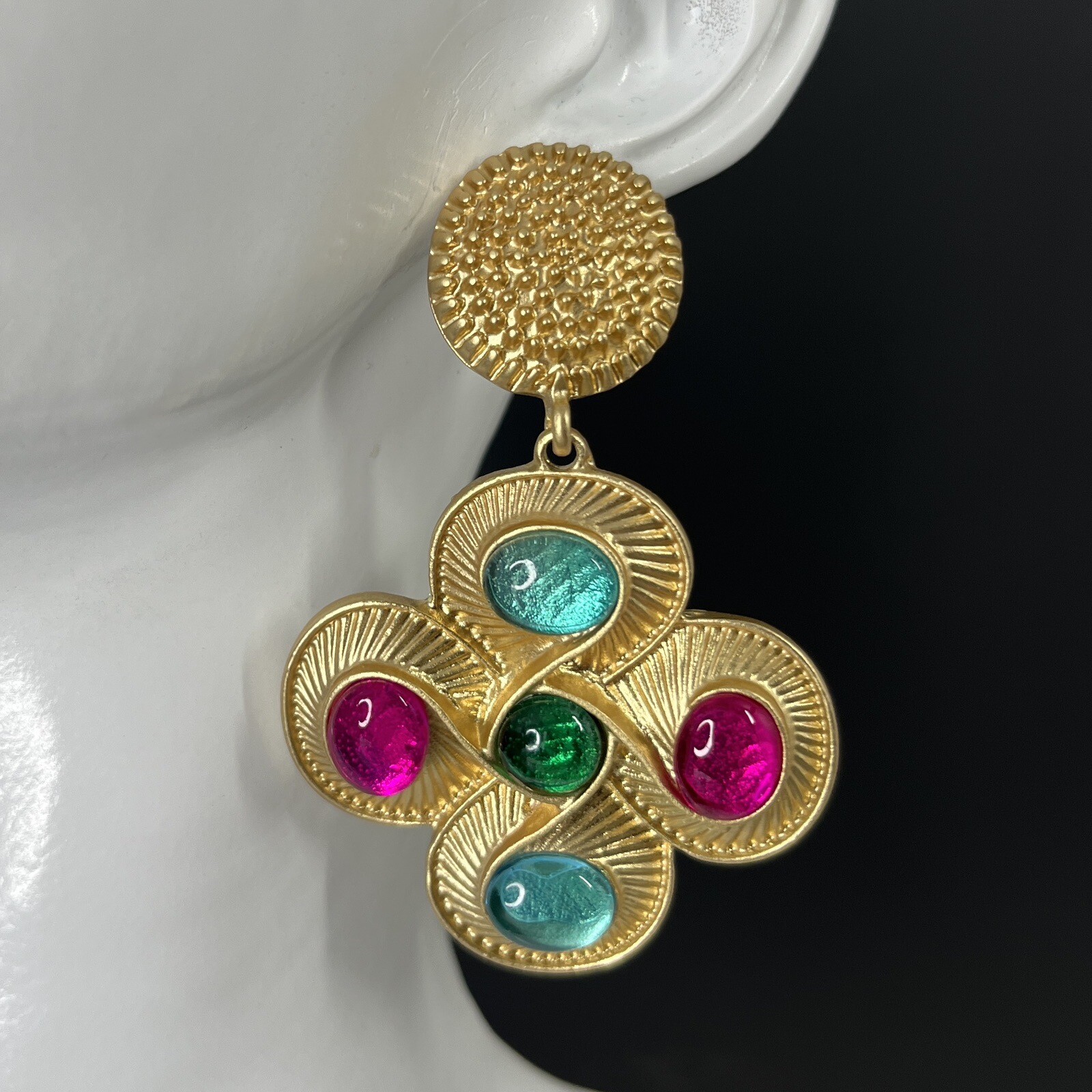 Maltese Cross Gripoix Earrings Glass Cabochon Matte Gold Tone Pierced Pink Blue