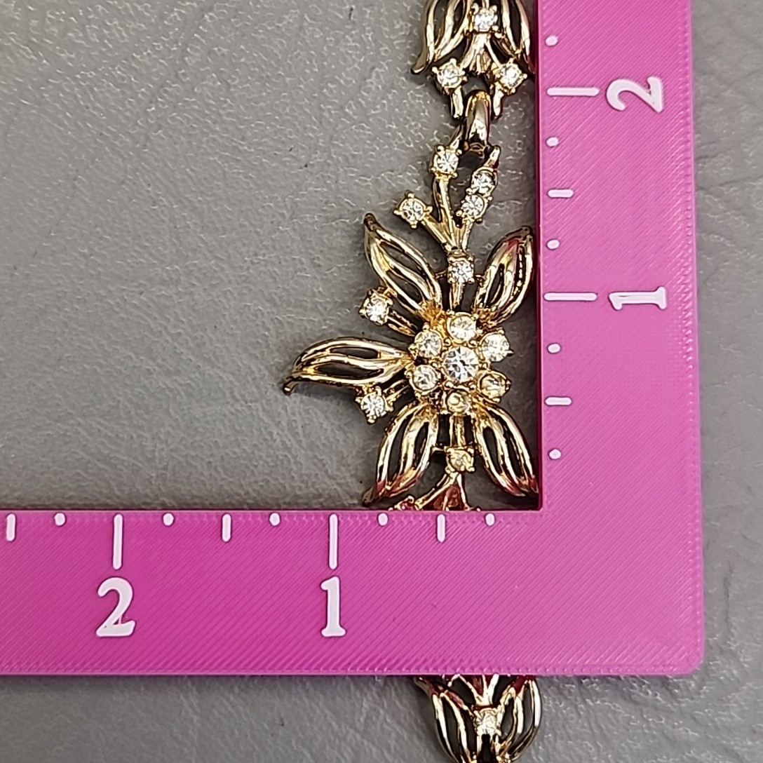 Vintage Flower Necklace Clear Rhinestones Gold Tone Bar Link Chain 17″