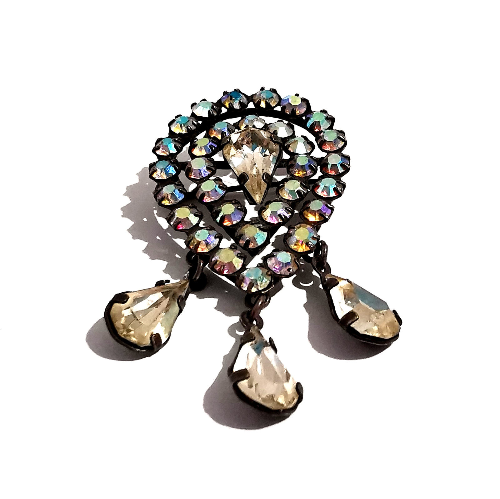 Vintage Czech Brooch Aurora Borealis Three Pendants and Centre Clear Glass