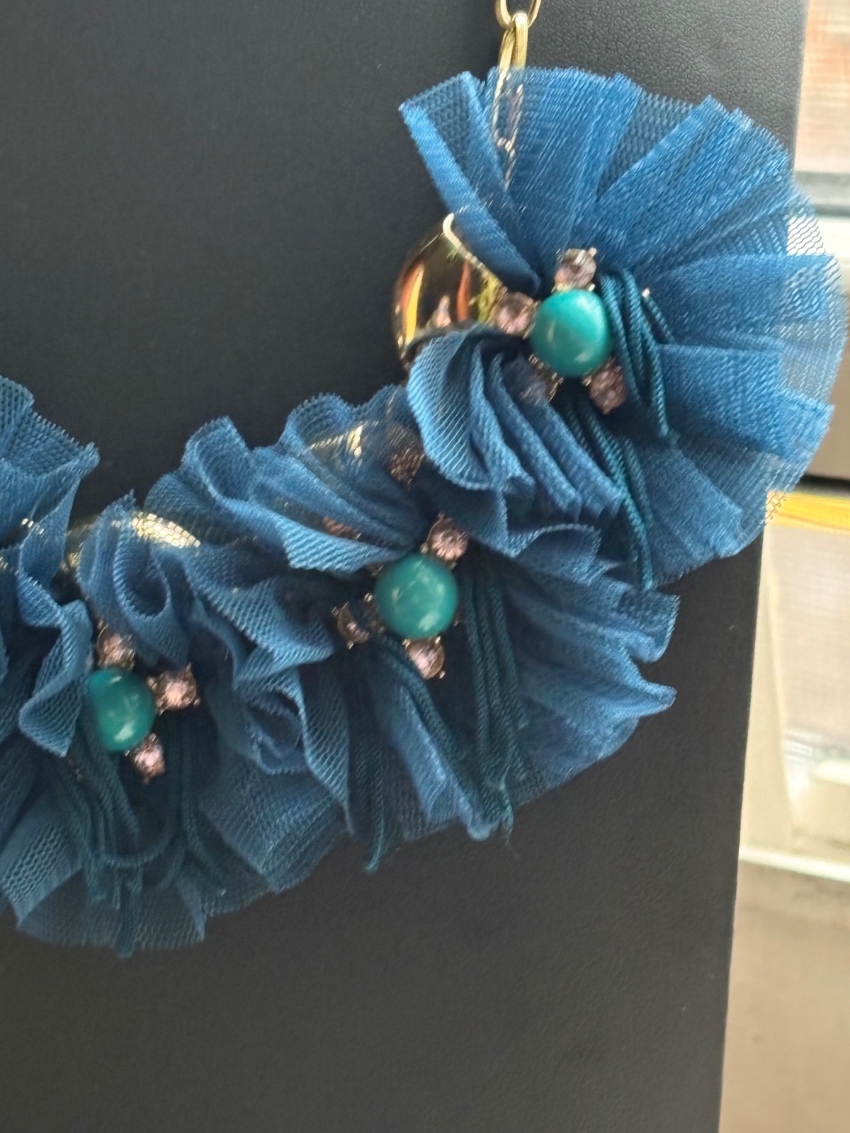 SUGARFIX BLUE Tutu Lace Flowers & Rhinestone Ballerina Necklace Gold Tone