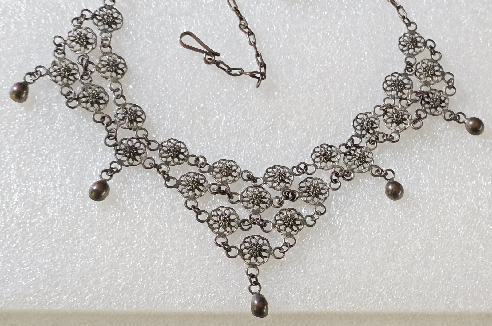 Vintage Etruscan Chain Mail Dangle Necklace & Cannetille Drop Pierced Earrings