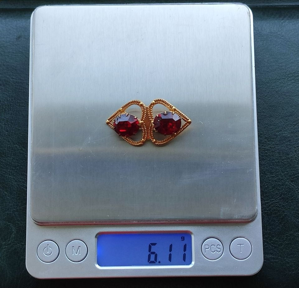 Vintage USSR Soviet Brooch Red Glass Stones Gold Plated Brass Pin 1970s 6g