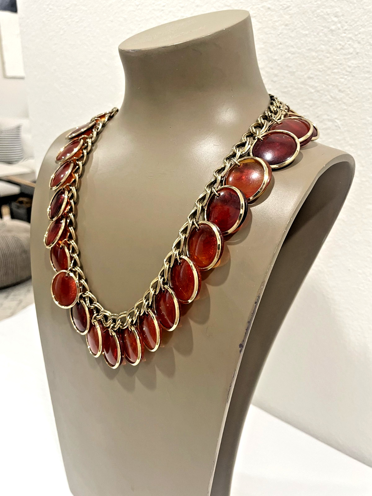Vintage Statement Gold Tone & Lucite Coin Necklace 1950s 18″ Adjustable Unsigned