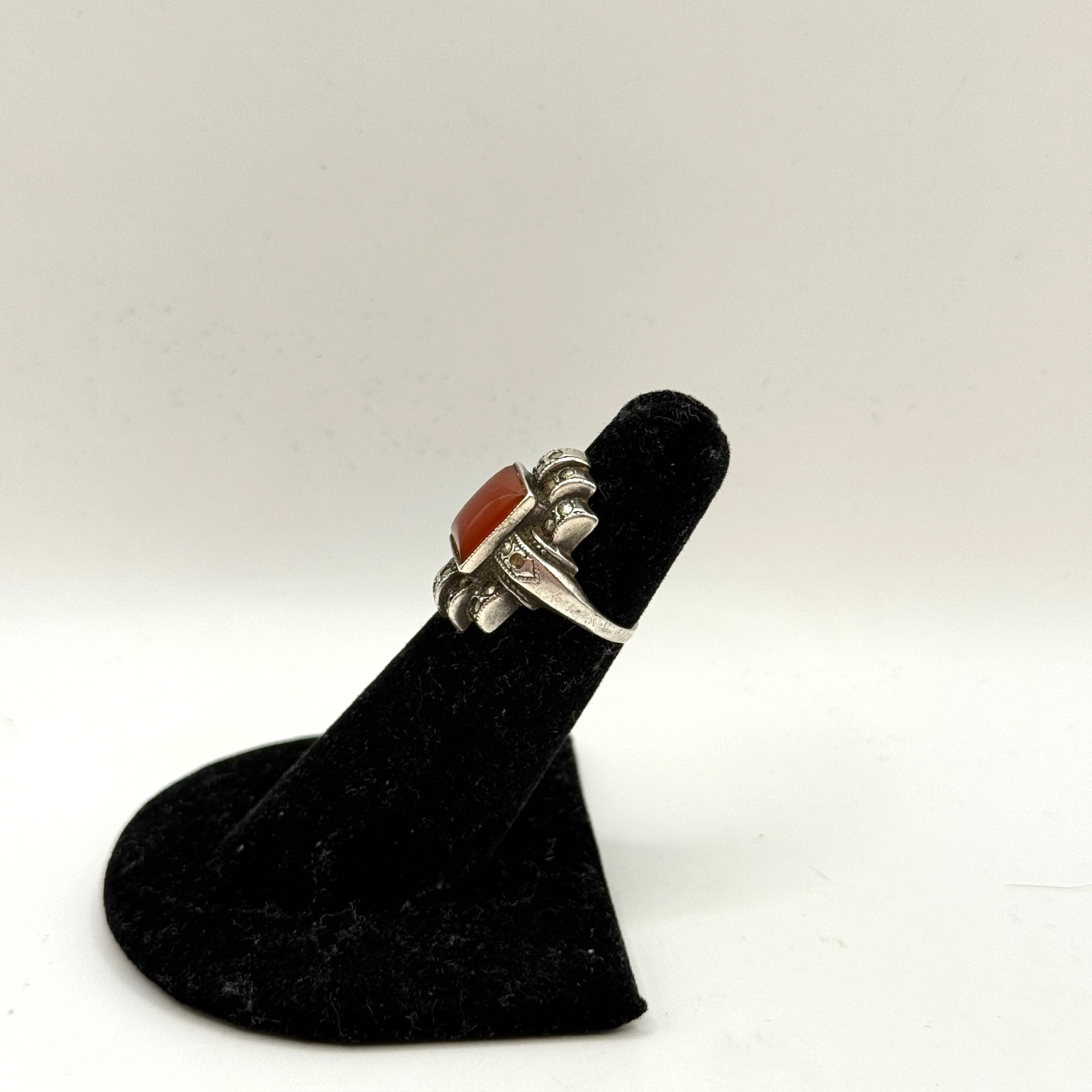 Vintage Art Deco STERLING SILVER Orange Carnelian Stone Marcasite Ring Size 4.25