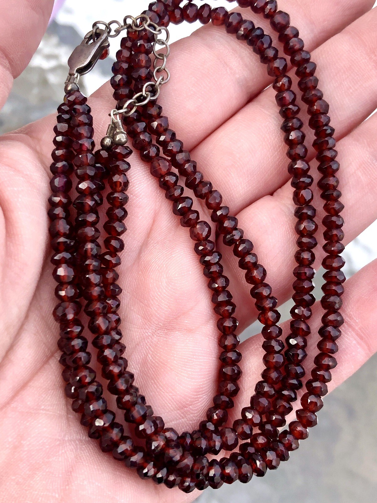 Vintage Red Garnet Chunk Sterling Silver 925 Double Strand Glass Bead Necklace