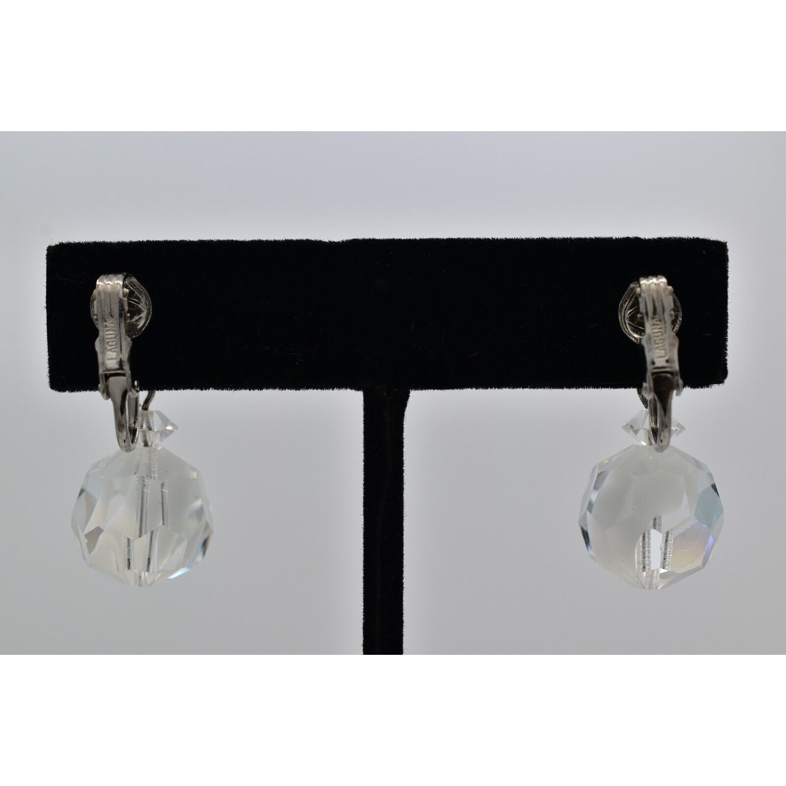 Vintage Crystal Clip On Earrings Silver Dangle Clear Ball Drop Glam 1950s A24