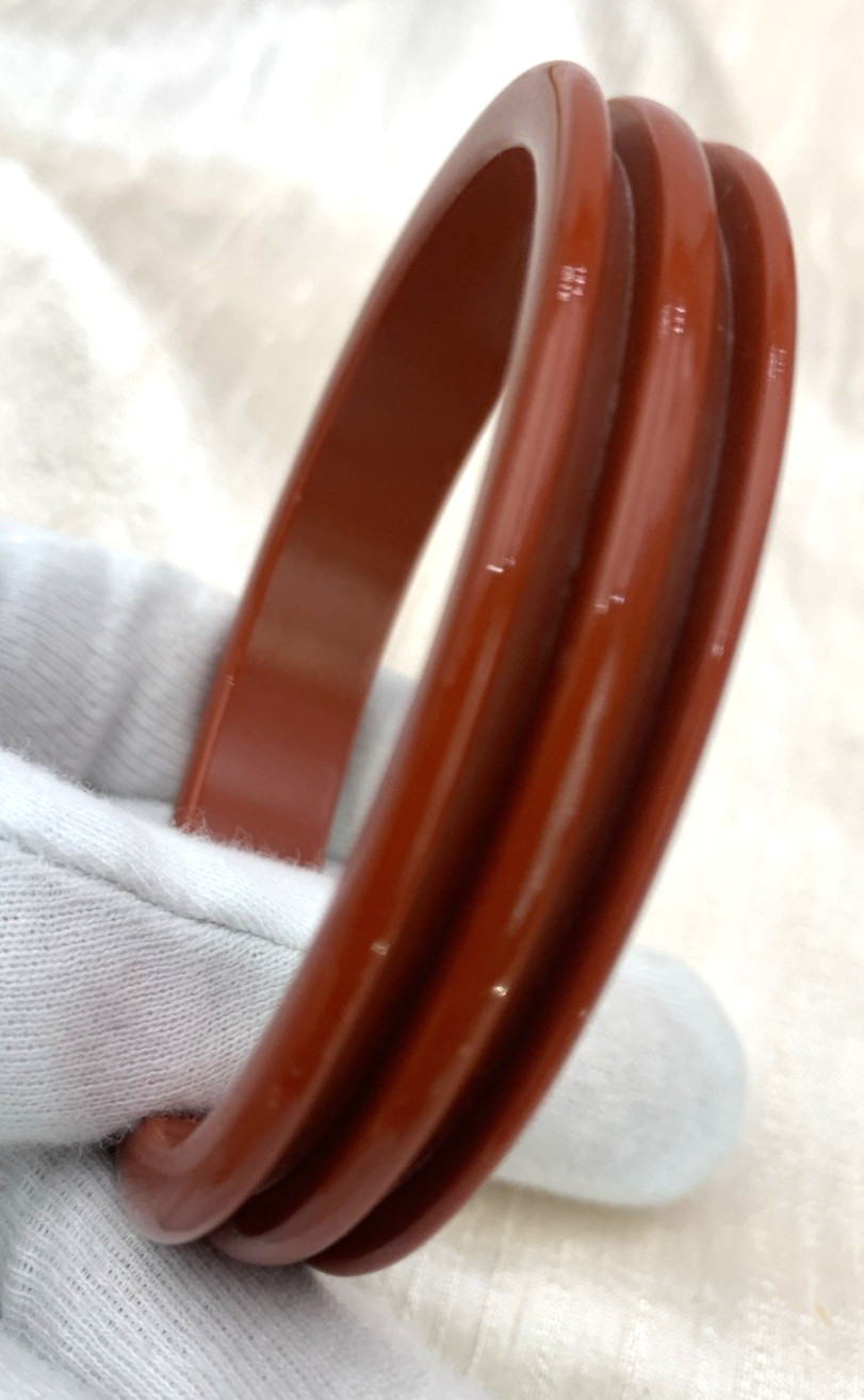 VTG Bangle Bracelet Lucite Plastic Ribbed Burnt Orange Rust Bold 8″ Inside Circ.