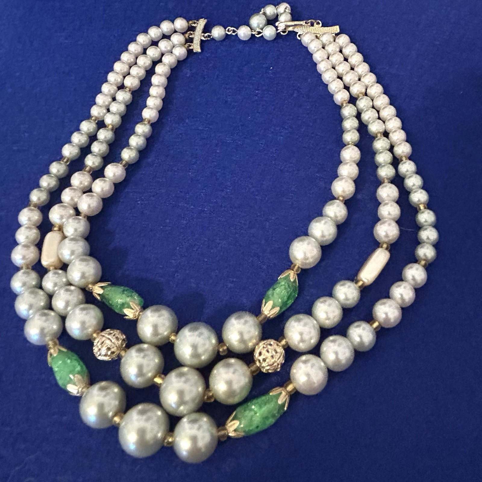 Vintage Beaded Necklace Japan Green Crackle Glass Kawaiicore Multi Strand 17”