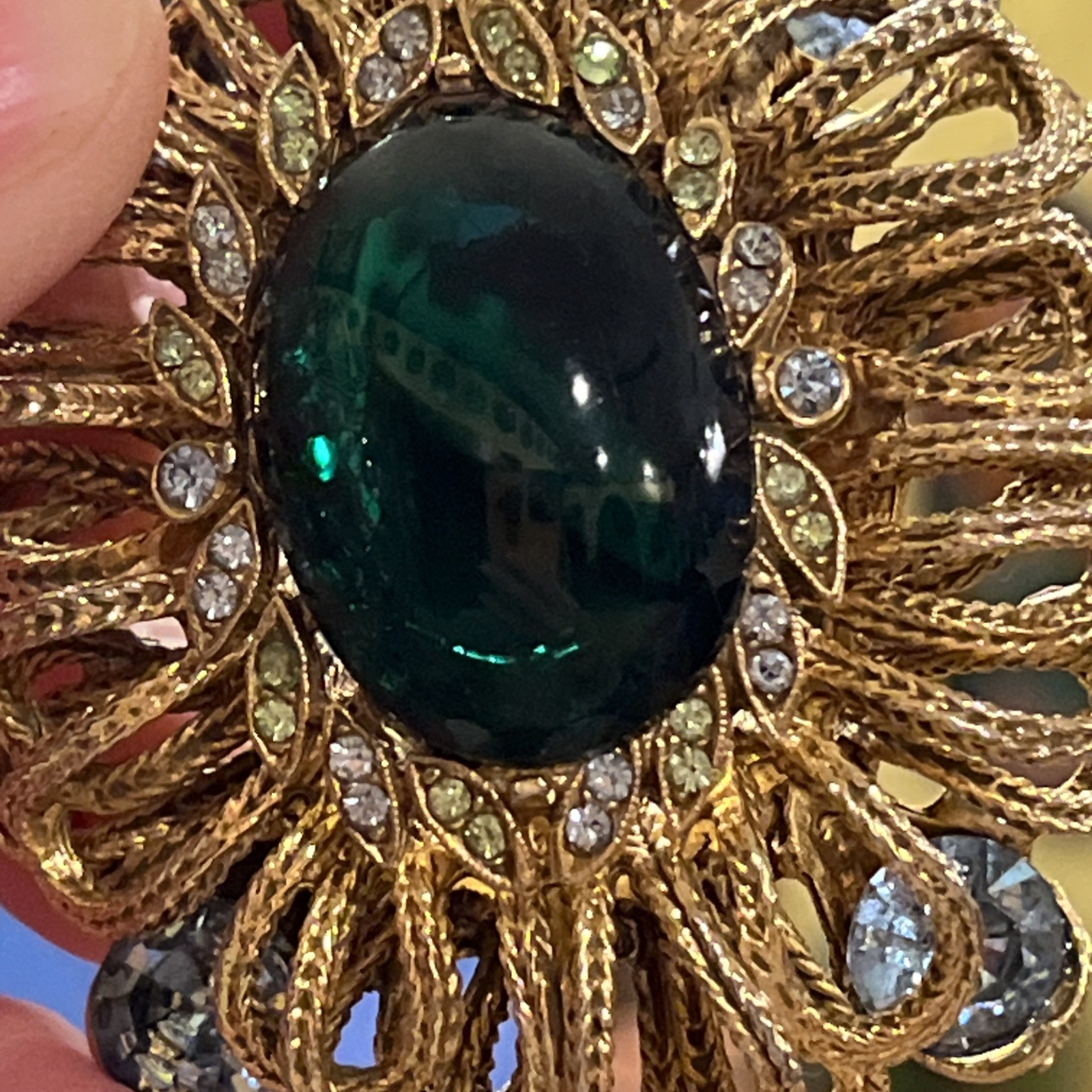 Vintage Capri Green Gripoix Glass Cabochon Blue Green Rhinestone Ornate Brooch