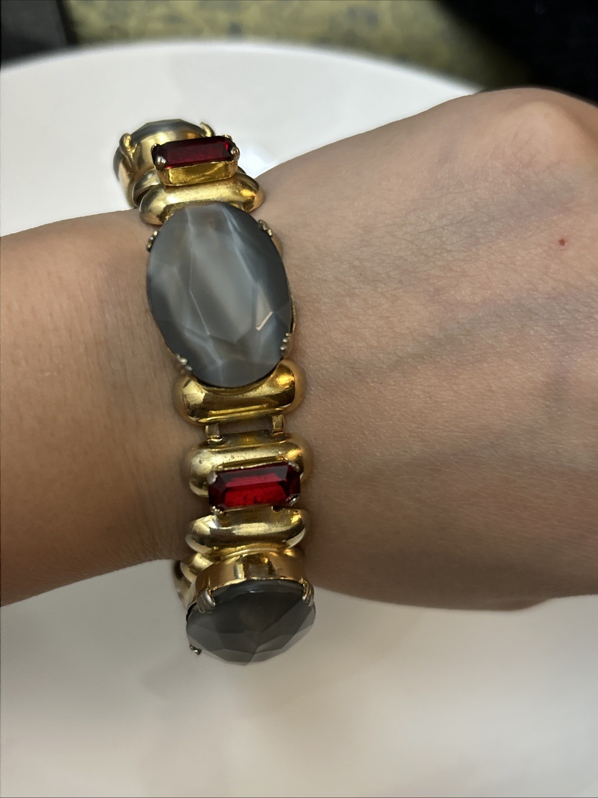 Juliana Delizza & Elster Grey And Red Rhinestone Bracelet Gold Tone Metal