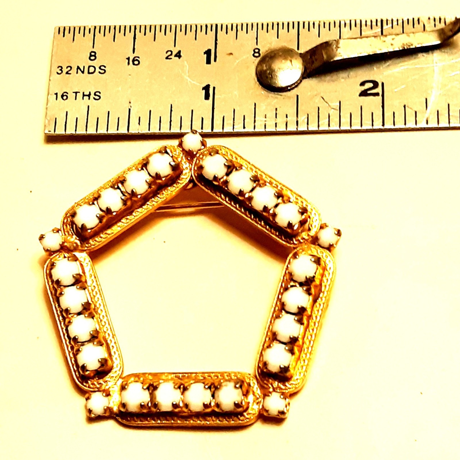 Vintage Gold-Tone Hexagonal Brooch With White Beaded Accents & Safety Clasp