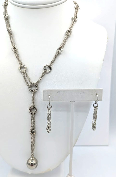 Vintage BIJOUX TERNER Necklace Earring Set Silver Tone Lariat Rhinestone
