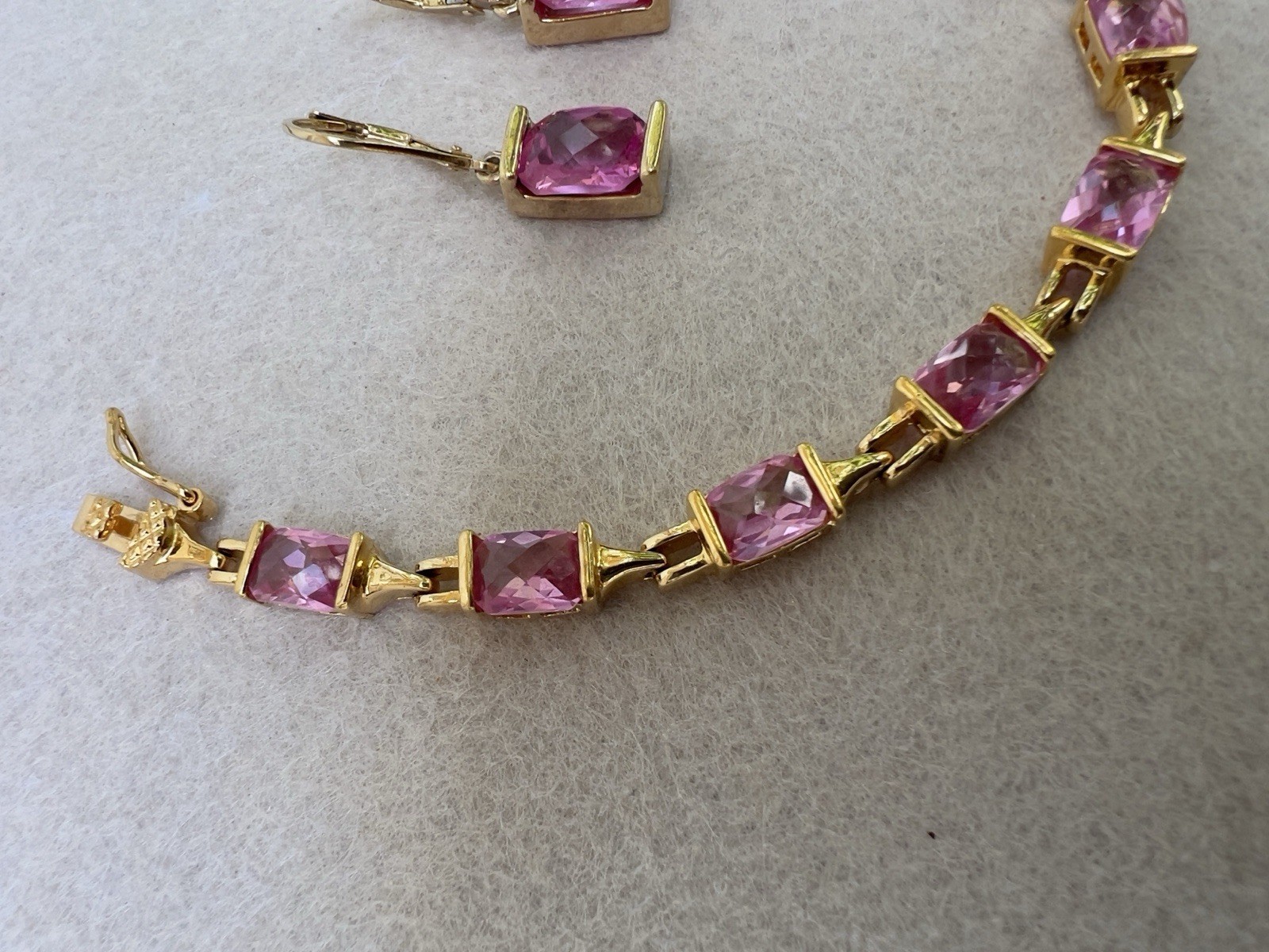 Vintage Sterling Silver Vermeil & Cushion Cut Pink Quartz 7” Bracelet & Earrings