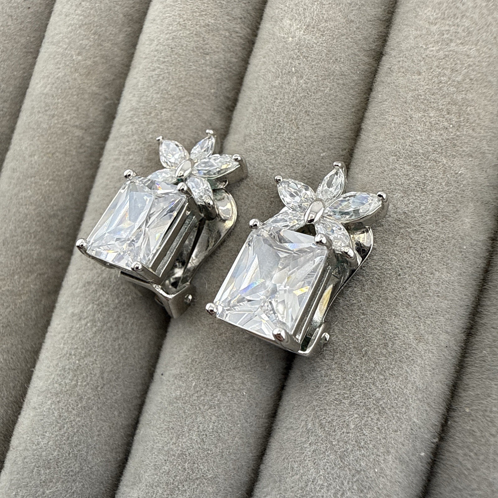 Nolan Miller Earrings Rhinestone Silver Emerald Cut Crystal CLIP ON Cocktail