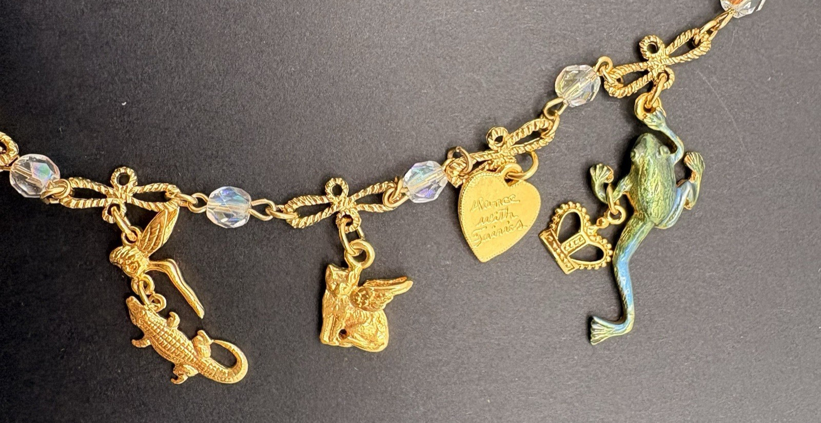 Kirks Folly Charm Necklace Angels Rings Hearts Frog Cat Alligator Crystals RARE