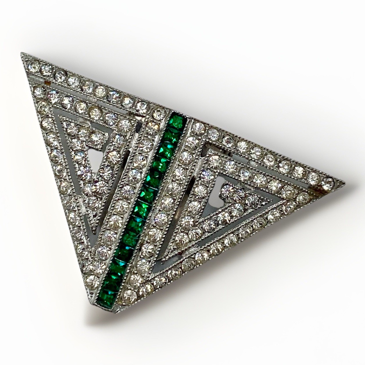Art Deco Emerald Green Rhinestone Triangle Fur Clip / Dress Clip Brooch 1930s