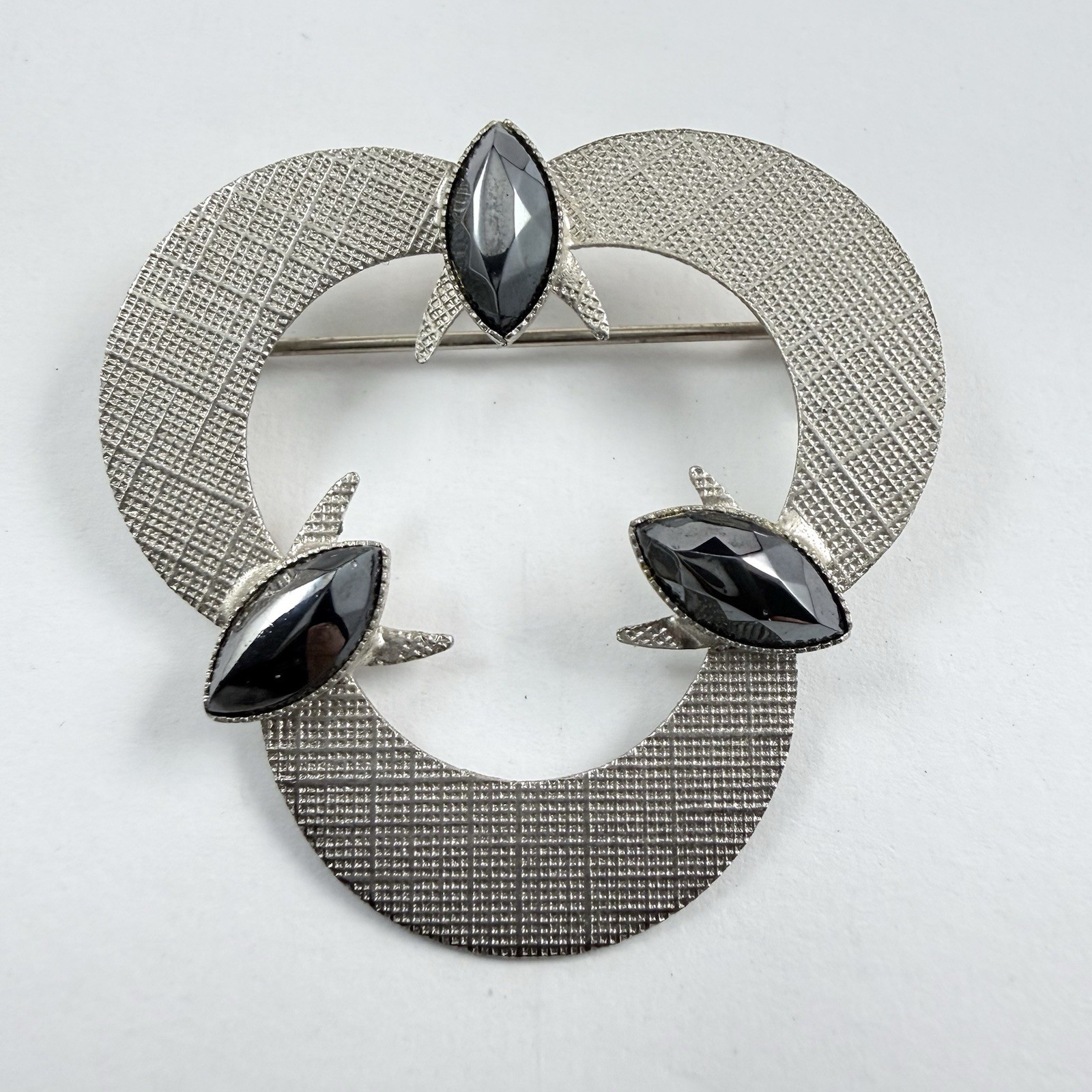 Vintage Black Hematite Brushed Silver Tone Brooch Pin