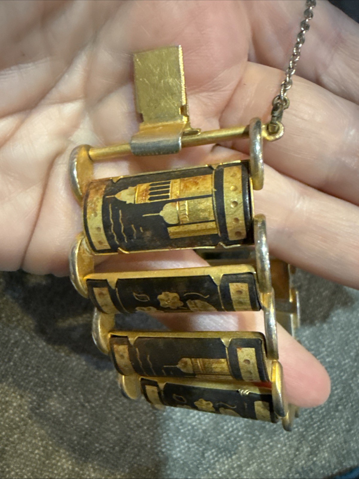Vintage Spanish Damascene Bracelet Floral And Buildings