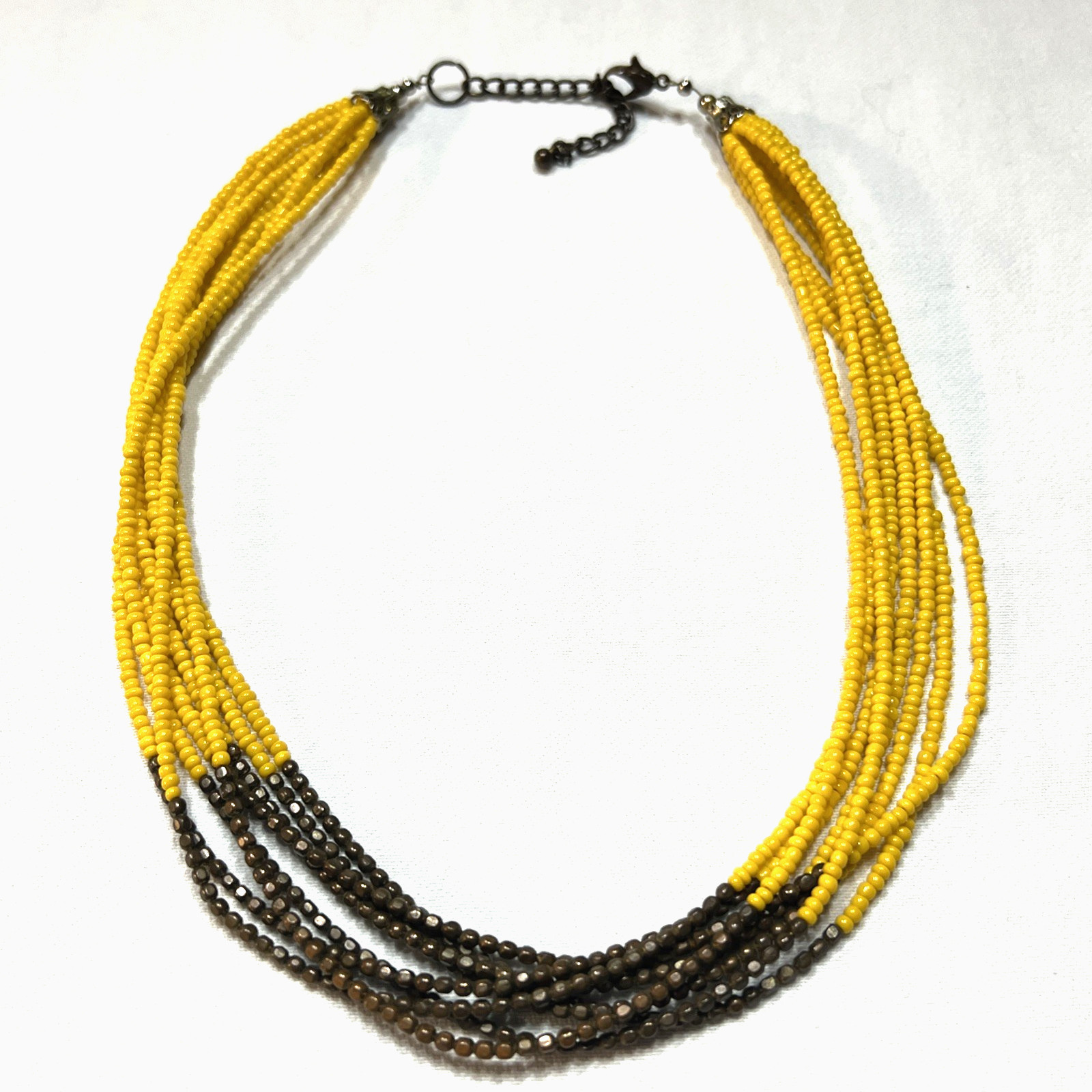 Vintage Brass-tone Yellow Glass Sead Bead Necklace Multistrand 21″
