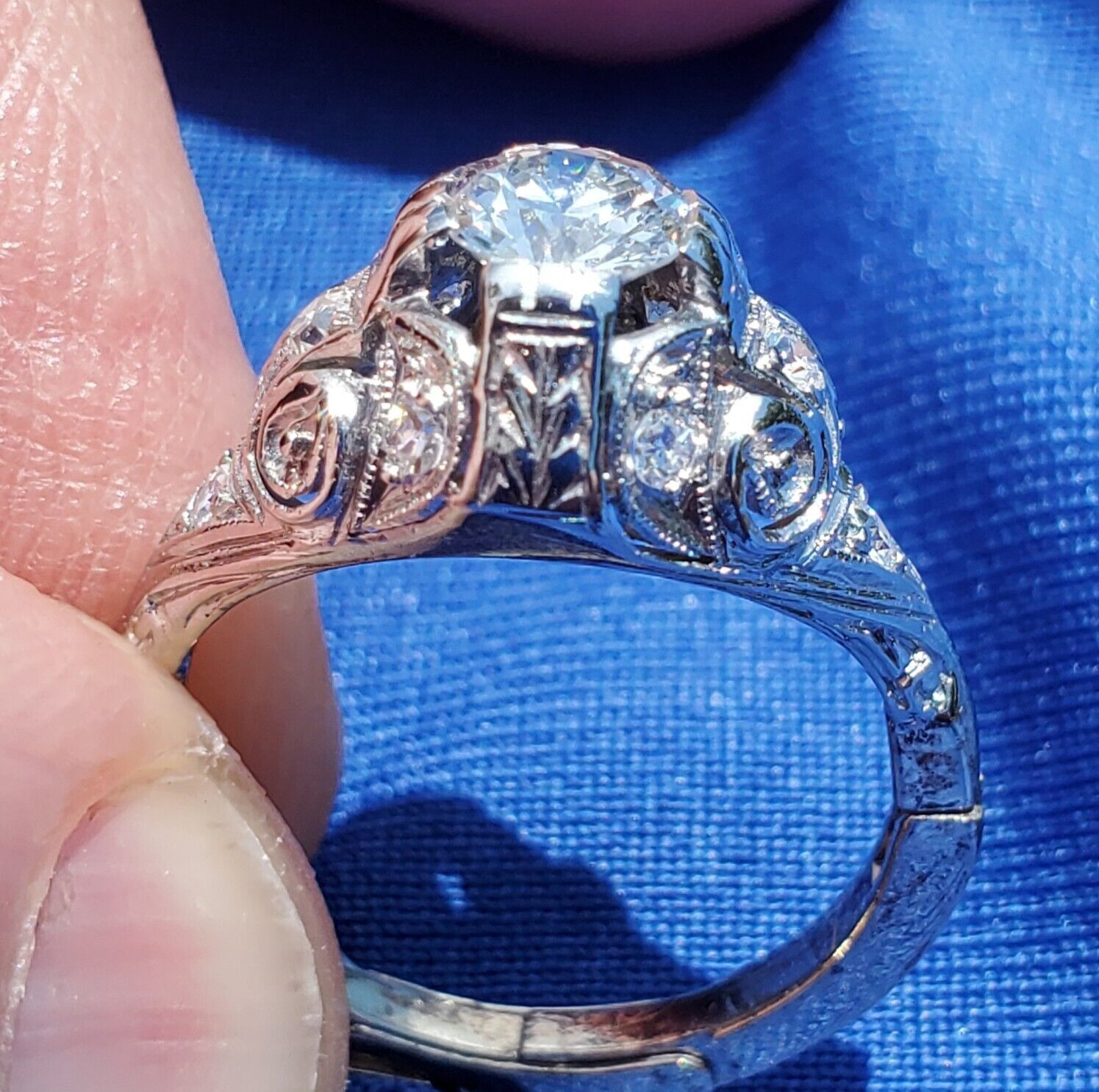 Original EARTH MINED DIAMOND art DECO Engagement Ring Vintage PLATINUM Solitaire