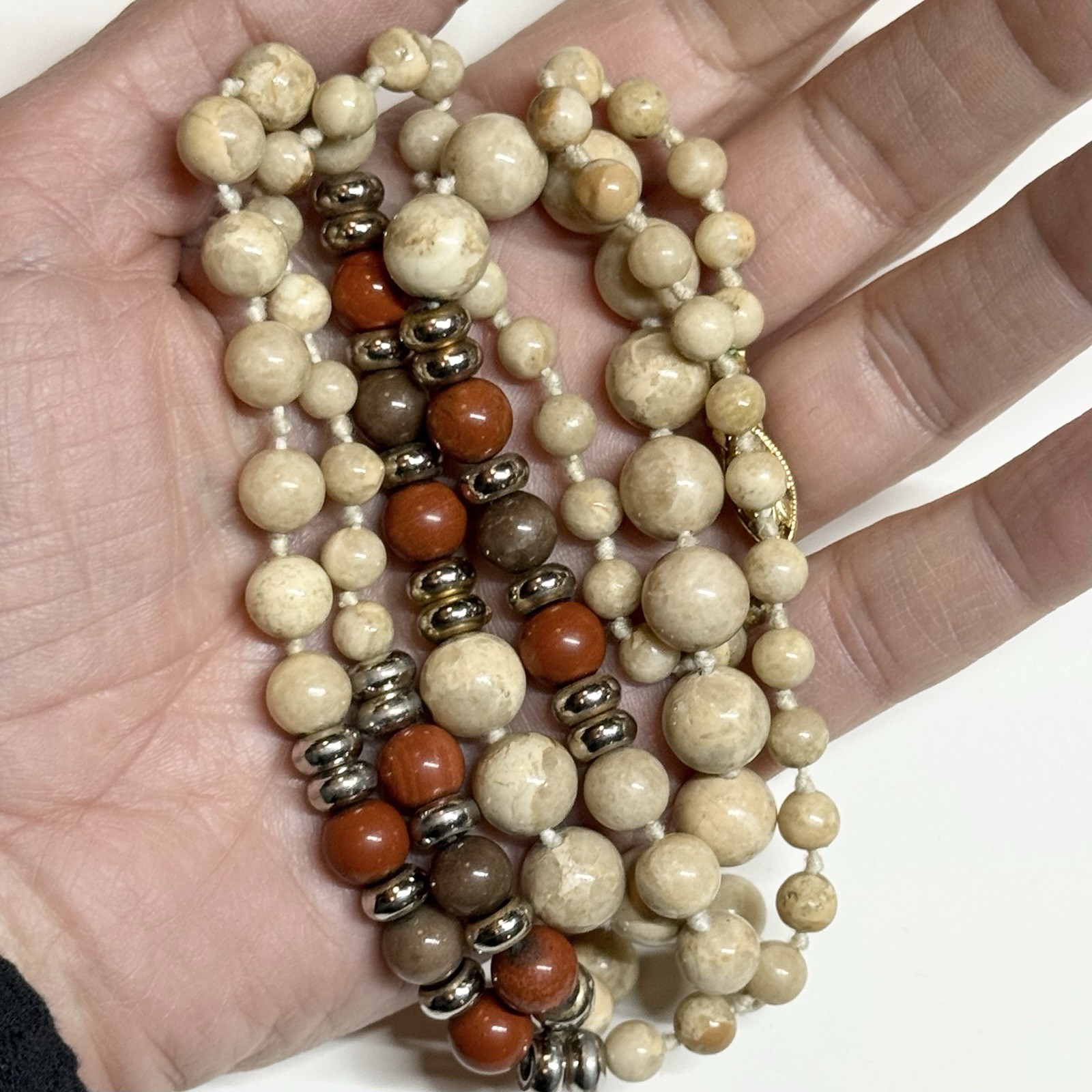 Vintage Hand Knotted Beaded Necklace Graduated Stone Beads 32″ Long Earthtone