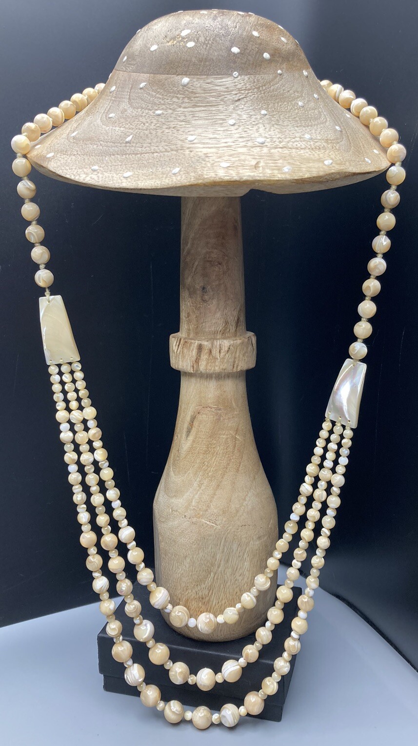 Mother of Pearl Necklace 3 Strand VTG Hand Knotted No Clasp 28.5in 97g 2” Drop