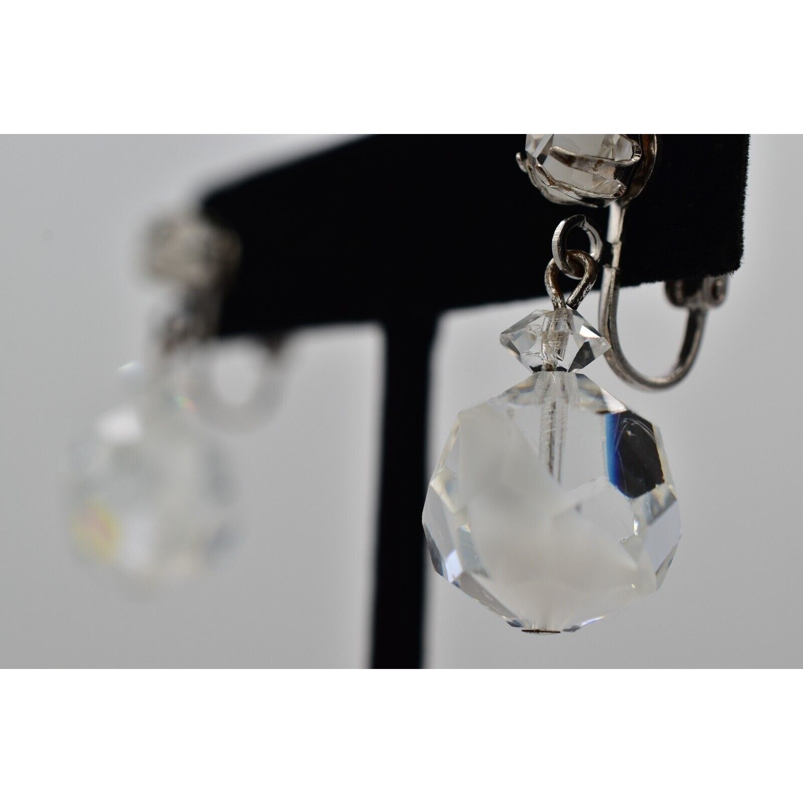 Vintage Crystal Clip On Earrings Silver Dangle Clear Ball Drop Glam 1950s A24