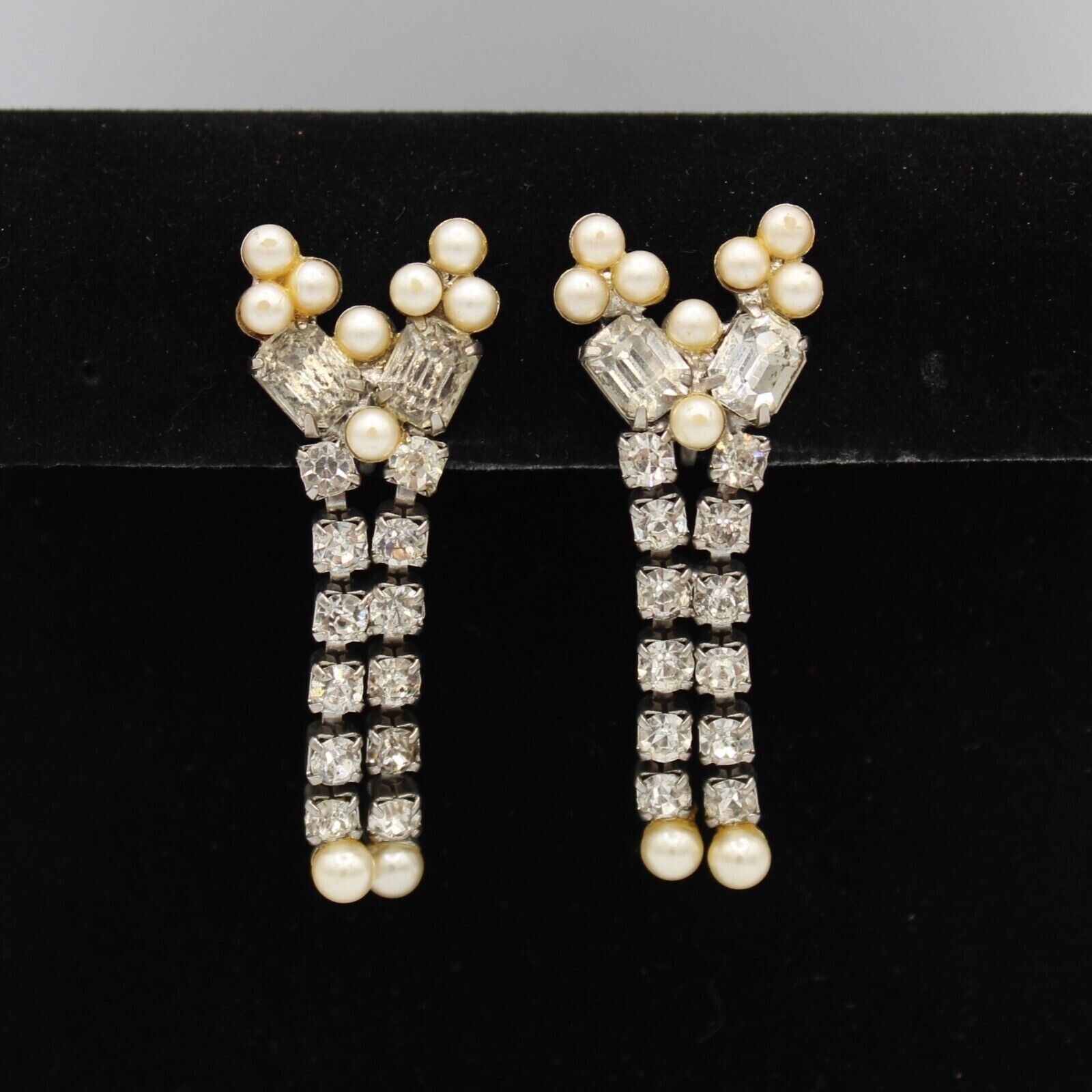 Rhinestone & Faux Pearl Drop Dangle Earrings 1950s Silver Tone