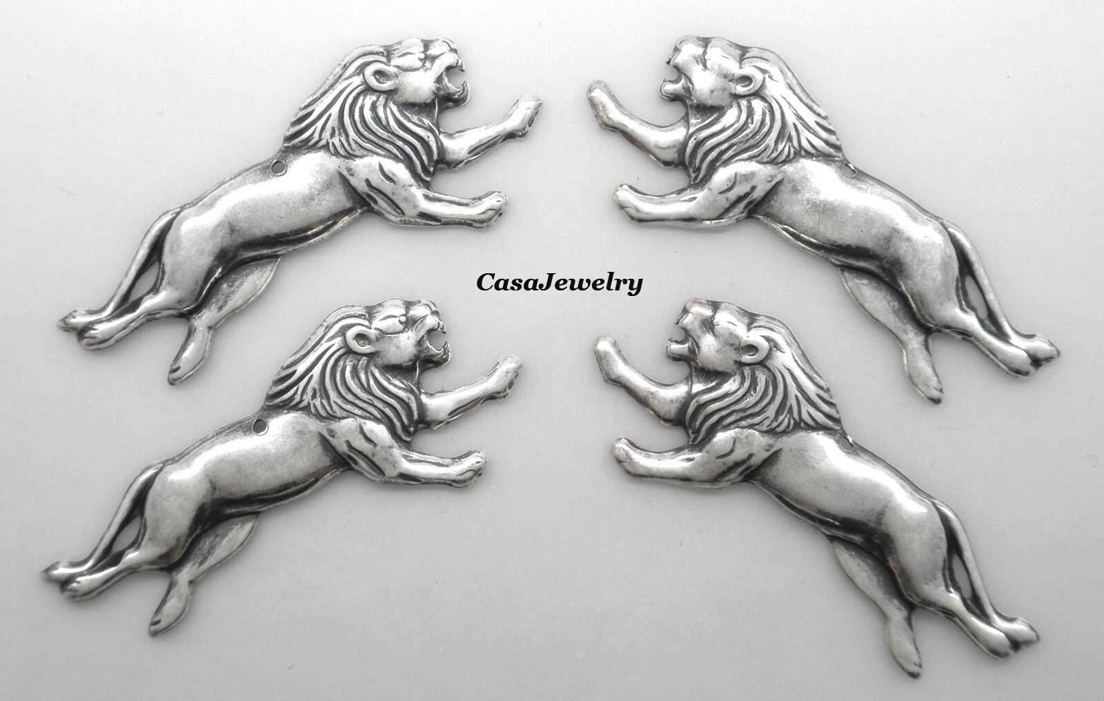 #0174 ANTIQUED .925 STERLING SILVER PLATED LIONS W/TOP HANG HOLE – 2 PAIR L+R