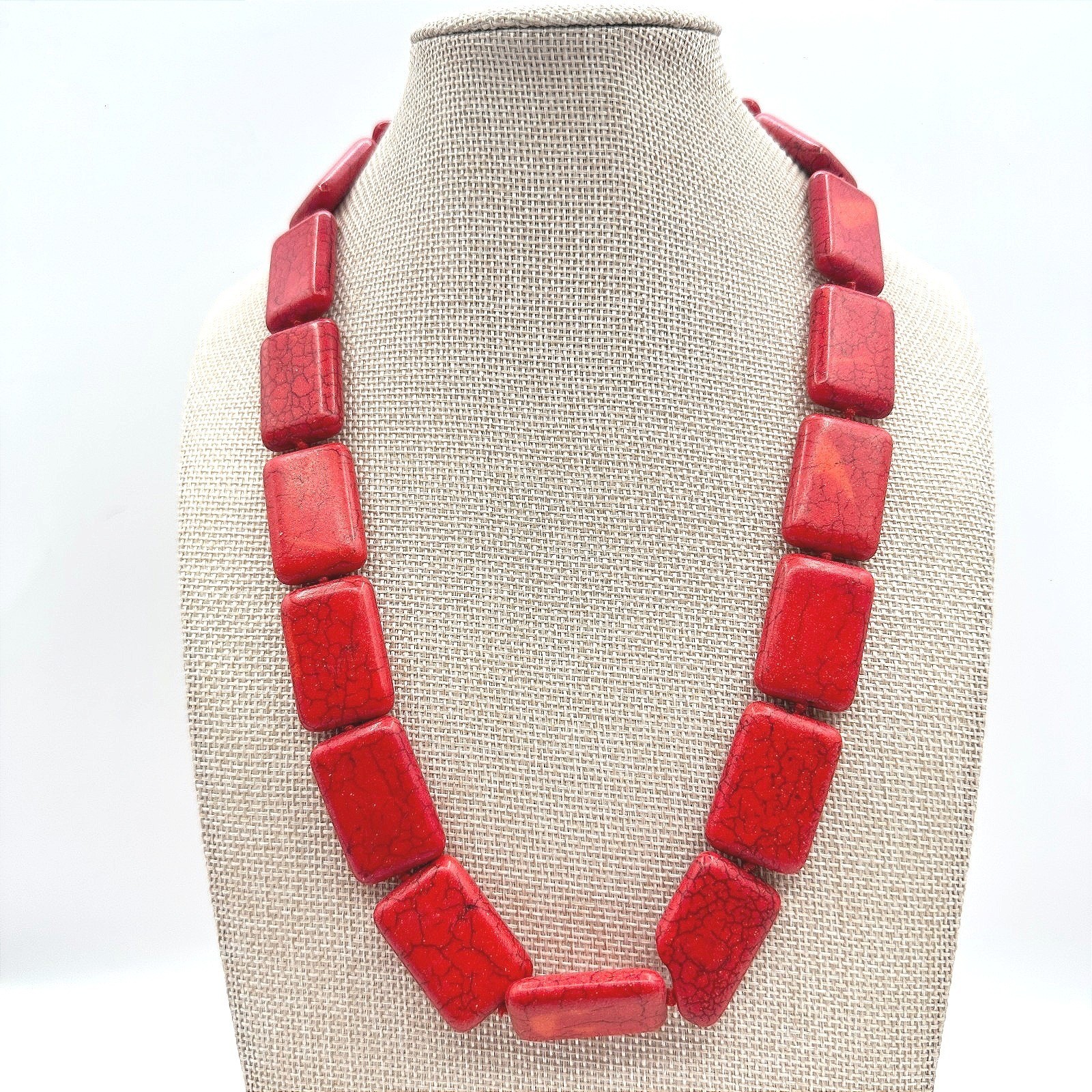 Vintage 90s Red Howlite Turquoise Rectangle Beaded Statement Necklace Jewelry