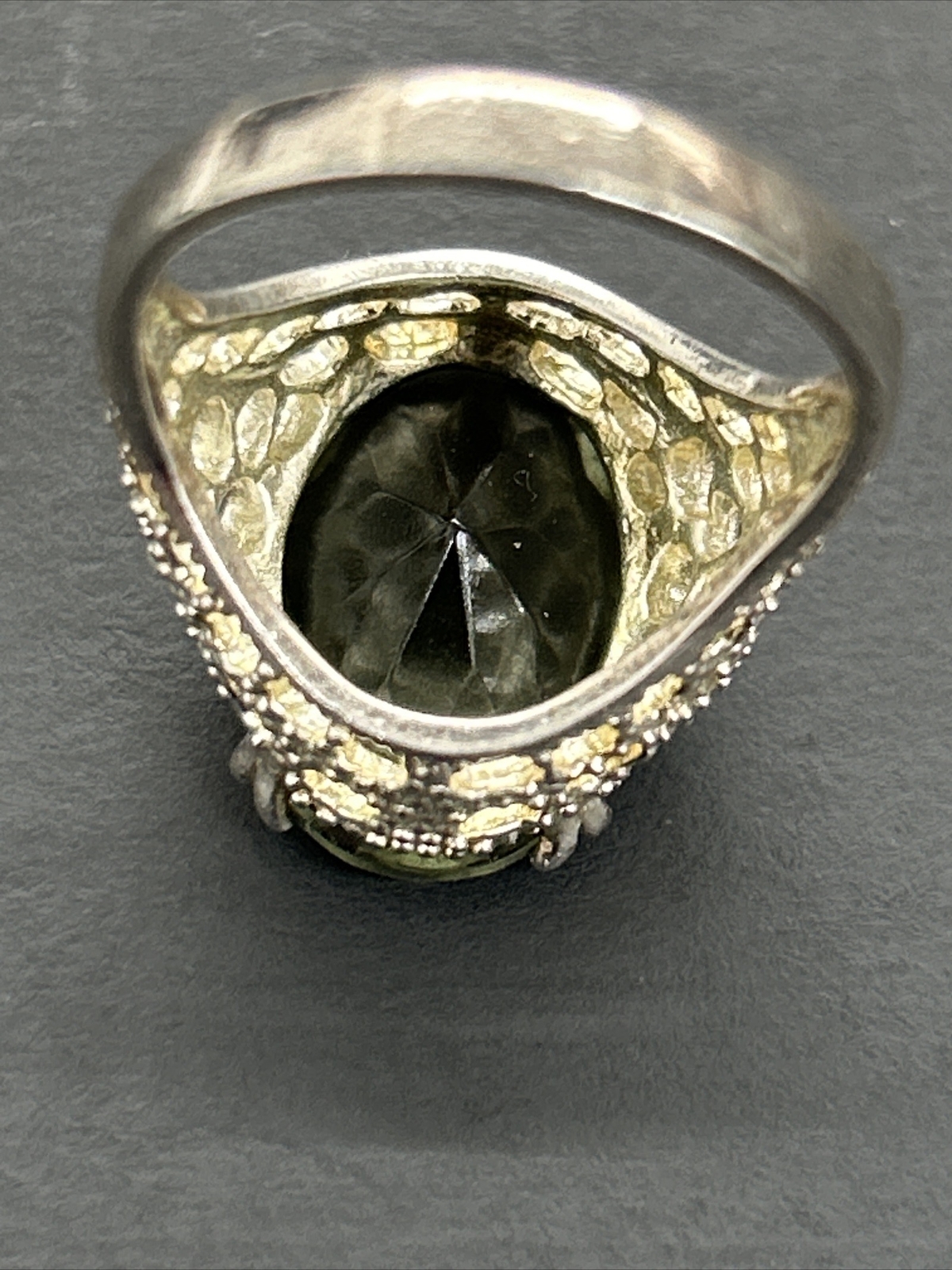 Vintage Sterling Filigree Cutout Ring With Smoky Green Stone Size 6-3/4 H19