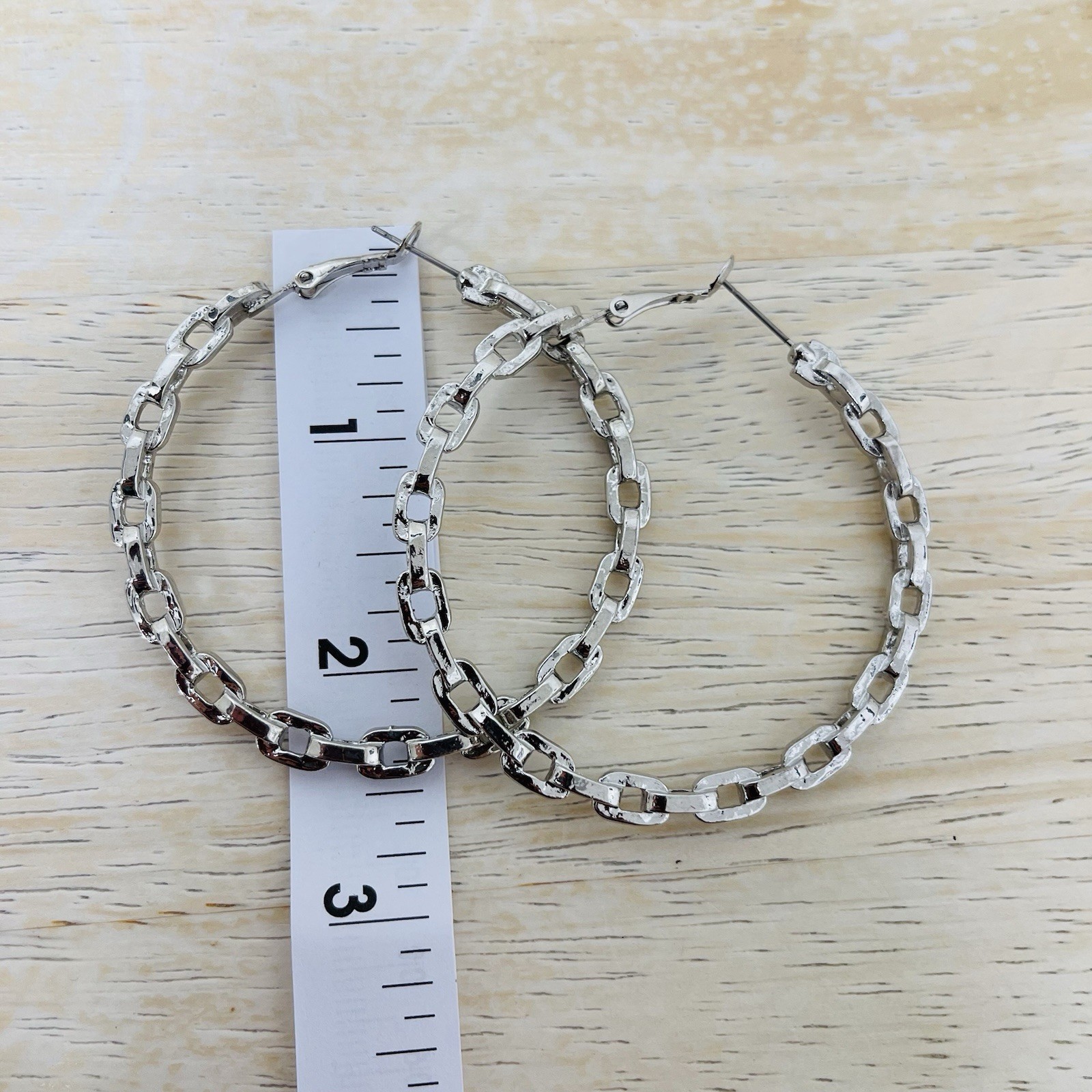 Large Silver Tone Anchor Mariner Link Hoop Earrings 2.25” VTG Minimalist Mod