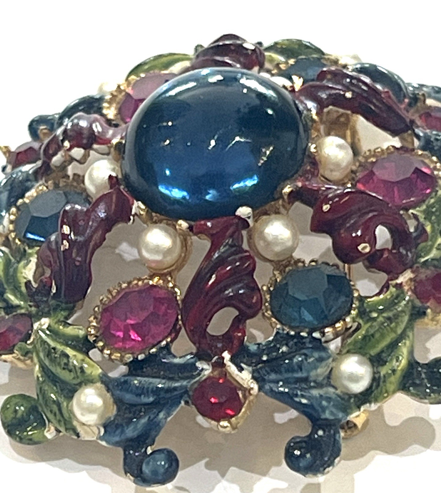 Hattie Carnegie Round Enamel Pin w Blue Cabochon w Red & Green Stones Signed